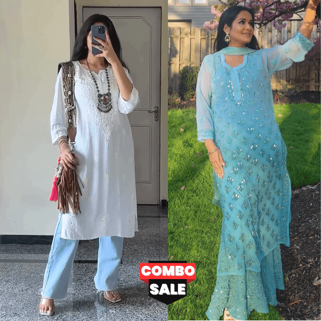 Combo 2 Sets : Pastel Green Mirror Set and White Tone-on-Tone Chikankari Mukaish Work Kurti Set - Inayakhan Shop 