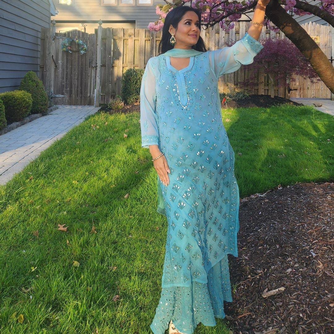 Combo 2 Sets : Pastel Green Mirror Set and White Tone-on-Tone Chikankari Mukaish Work Kurti Set - Inayakhan Shop 