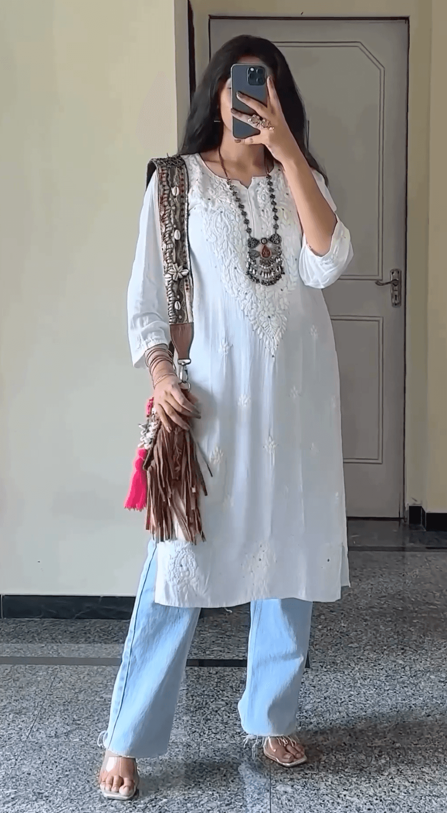 Combo 2 Sets : Pastel Green Mirror Set and White Tone-on-Tone Chikankari Mukaish Work Kurti Set - Inayakhan Shop 