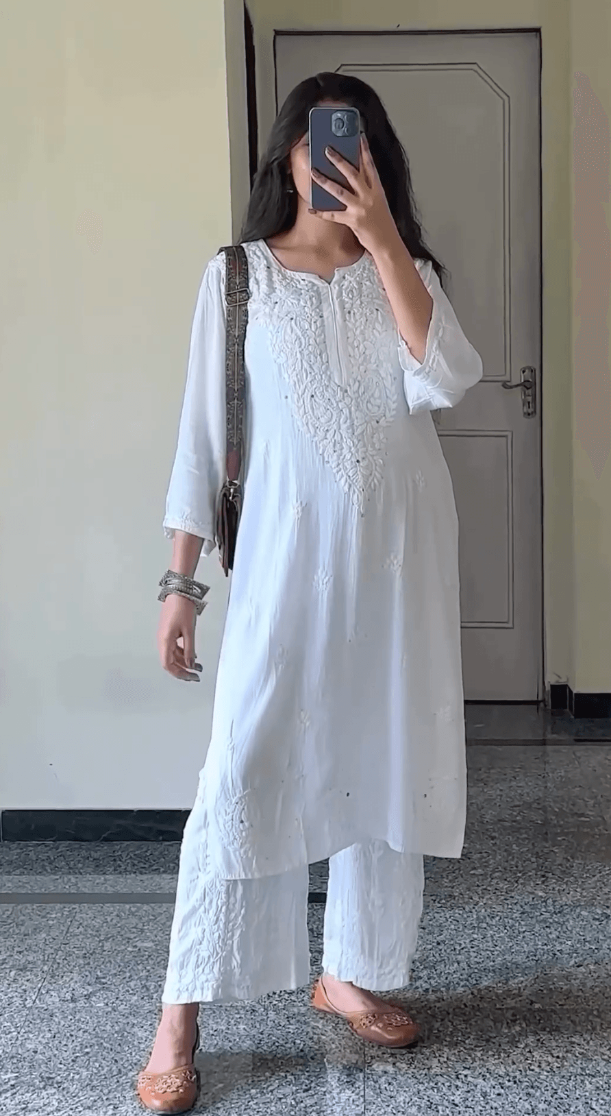 Combo 2 Sets : Pastel Green Mirror Set and White Tone-on-Tone Chikankari Mukaish Work Kurti Set - Inayakhan Shop 