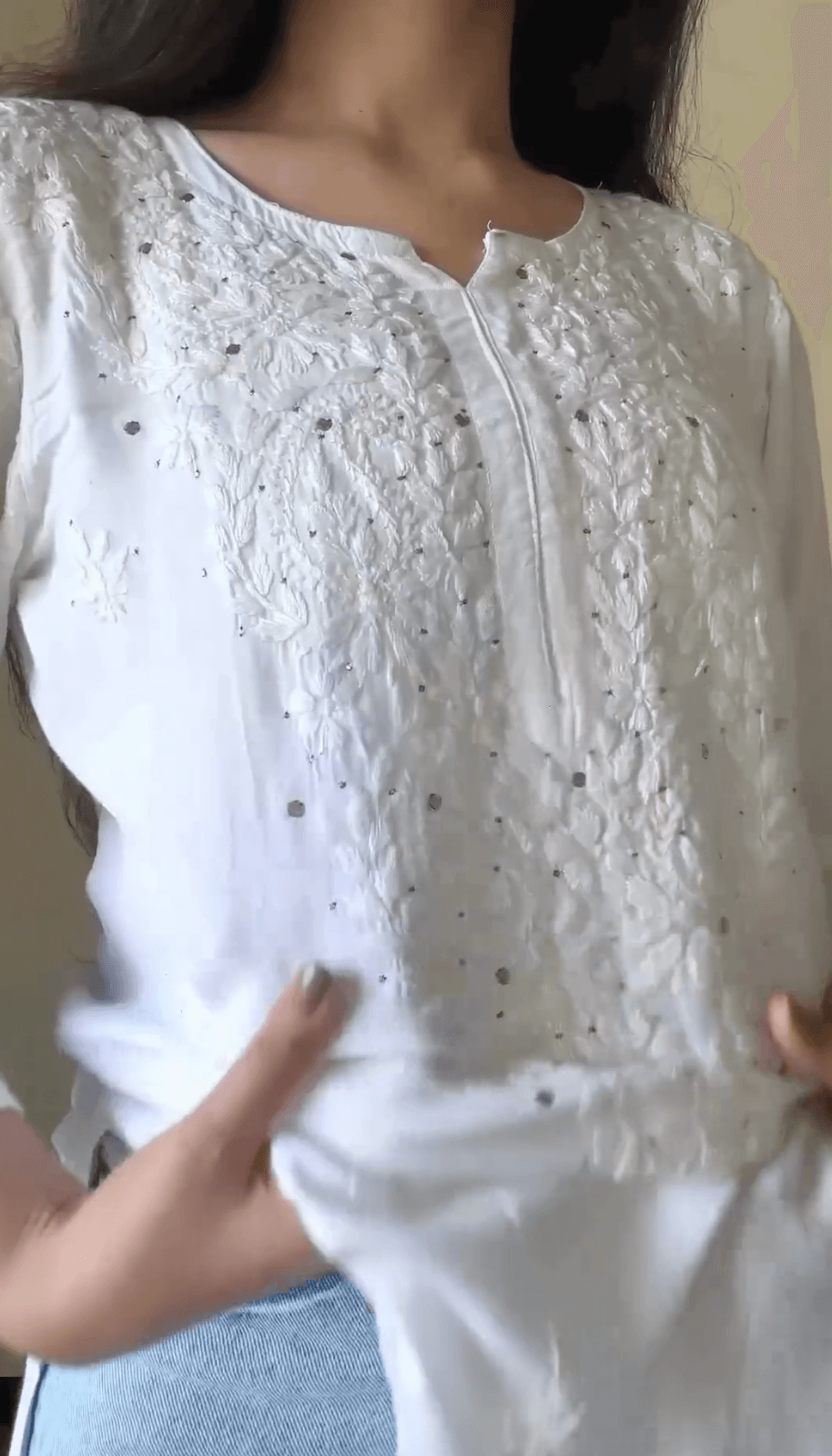 Combo 2 Sets : Pastel Green Mirror Set and White Tone-on-Tone Chikankari Mukaish Work Kurti Set - Inayakhan Shop 