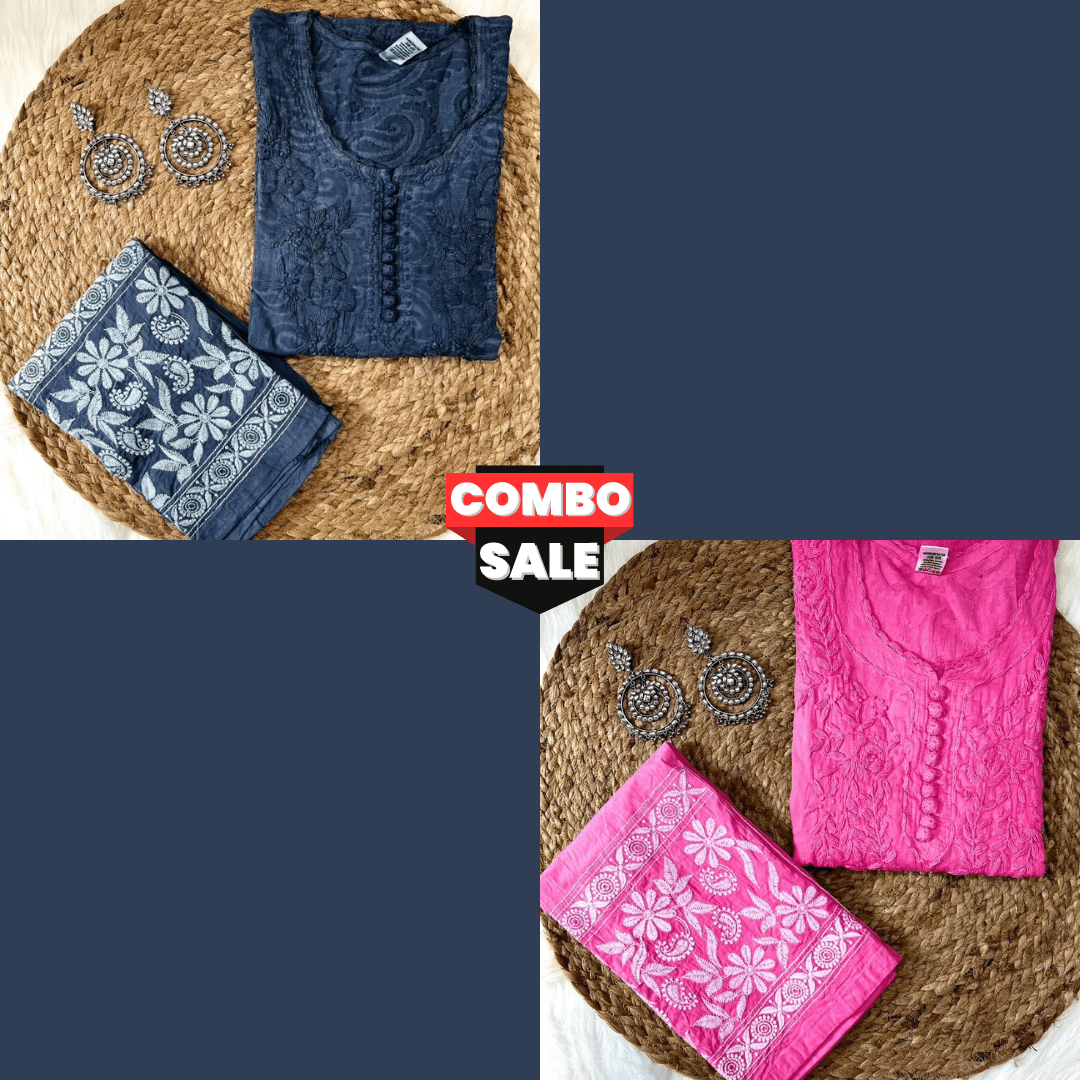 Combo 2 Sets :Pink and Greyish Blue Cotton Chikankari Hand Work Kurti Suit Designs - Inayakhan Shop 