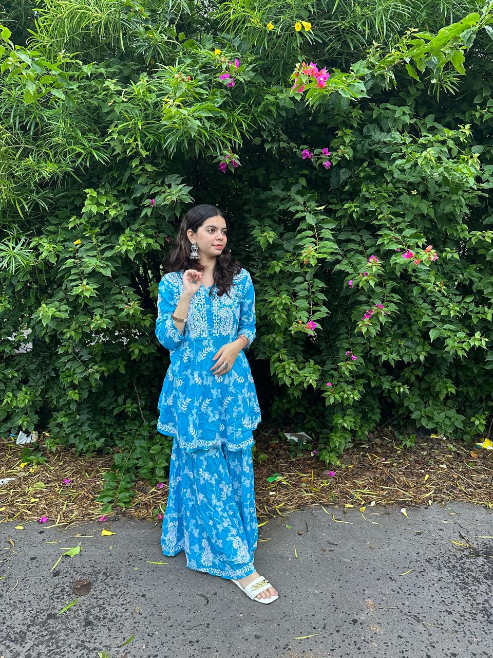 Blue Premium Lucknow Chikankari Mulmul Gharara Set