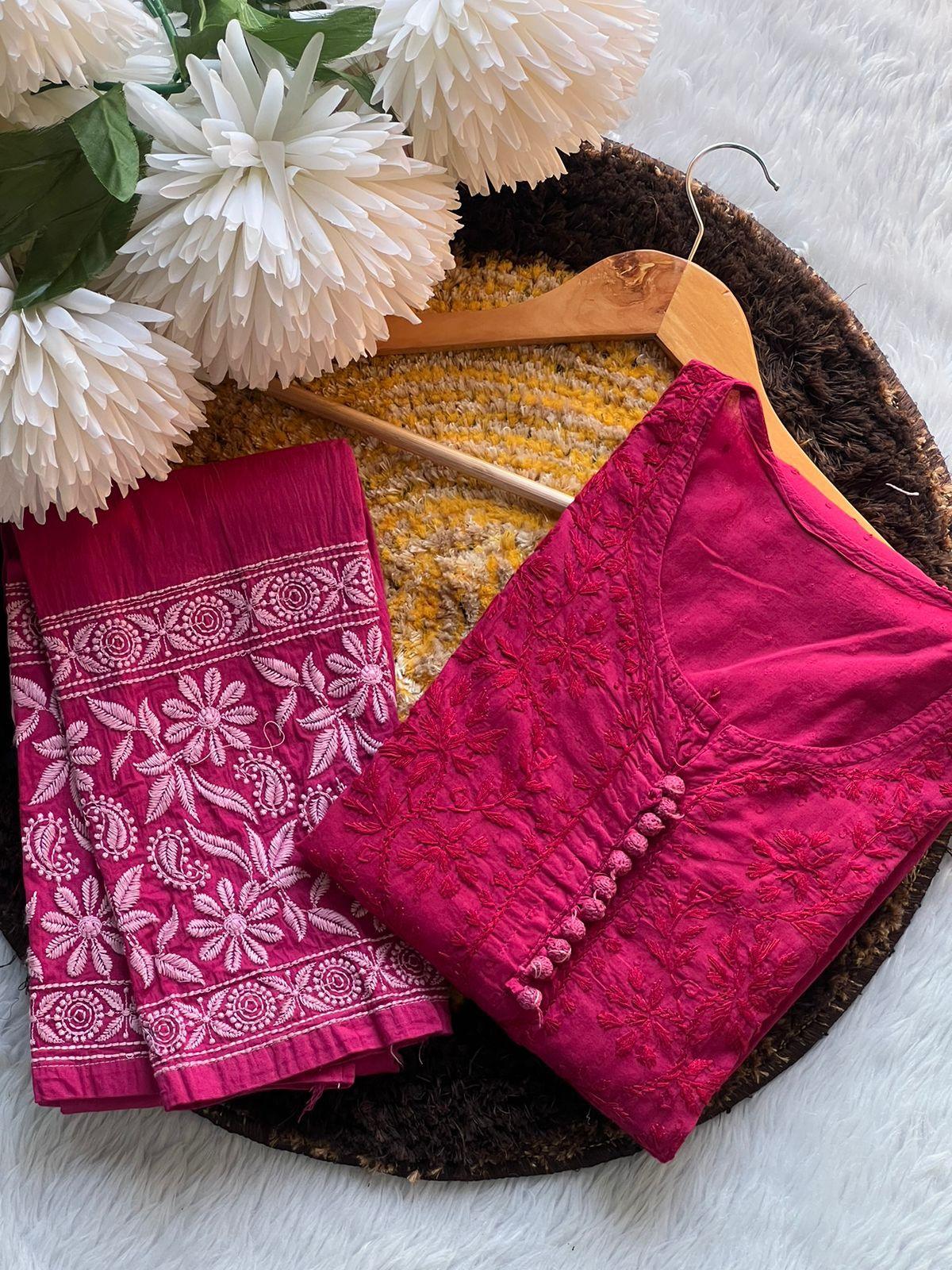 Dark Melon Pink Cotton Chikankari Hand Work Kurti Suits Online - Inayakhan Shop 