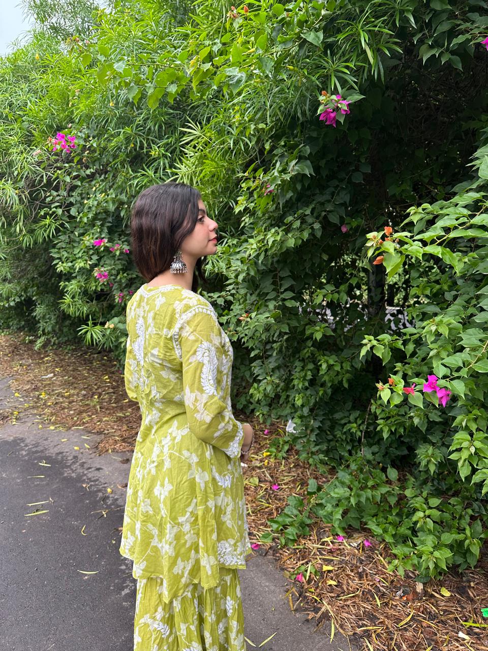 Green Premium Lucknow Chikankari Mulmul Gharara Set