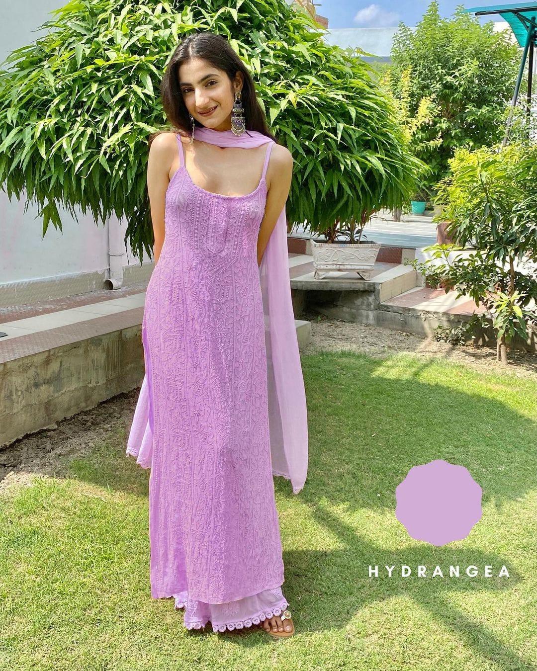 Dusty Pink Viscose Strappy Chikankari Handwork Short Kurti , Viscose Sharara, Chiffon Dupatta - Inayakhan Shop 