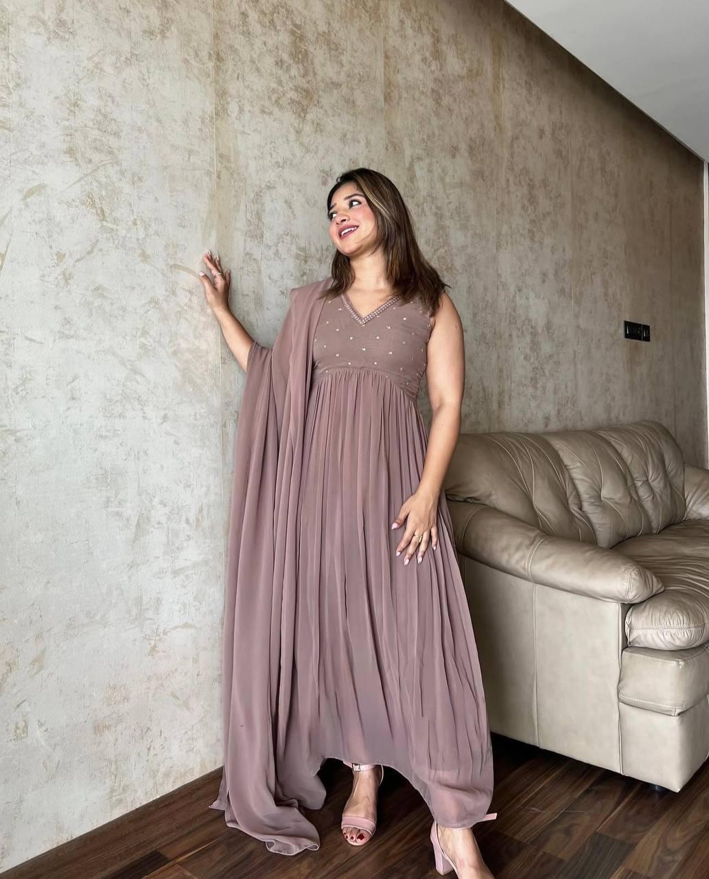 Dusty Pink Ethereal Sequin Embroidered Georgette Anarkali Gown Suit