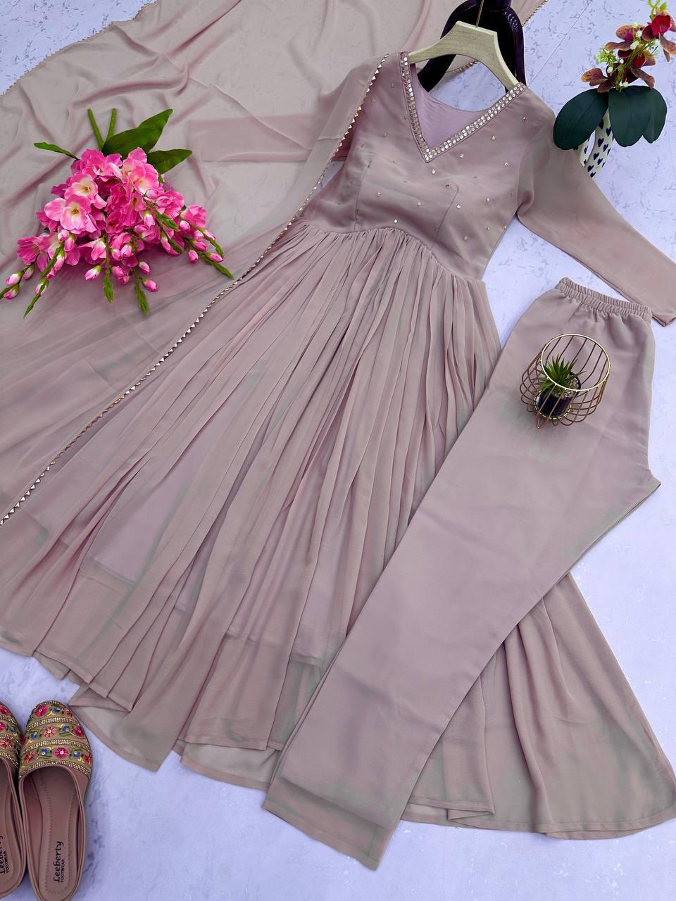 Dusty Pink Ethereal Sequin Embroidered Georgette Anarkali Gown Suit