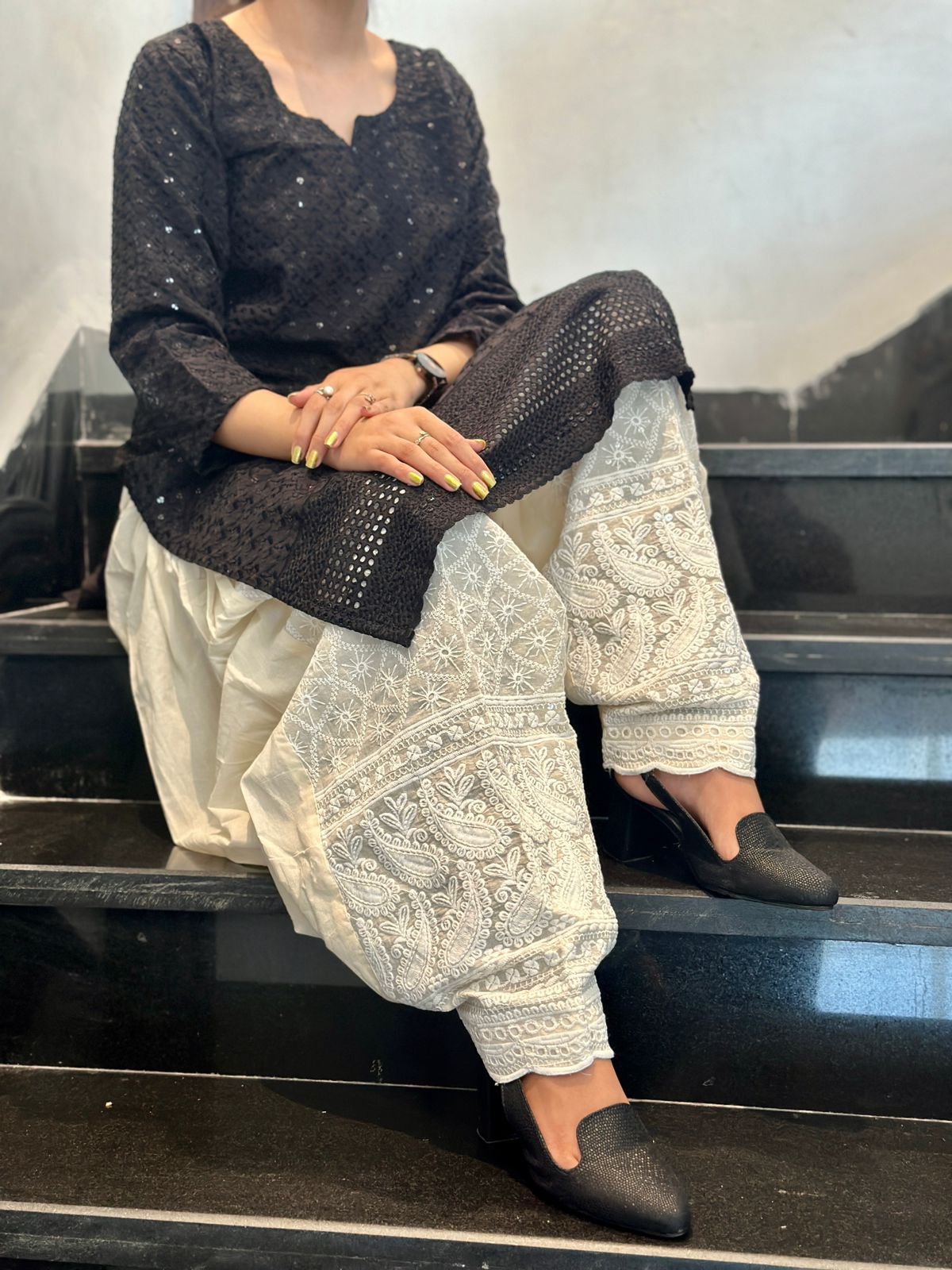 Black Graceful Cotton Chikankari Kurti with Afghani Salwar Set