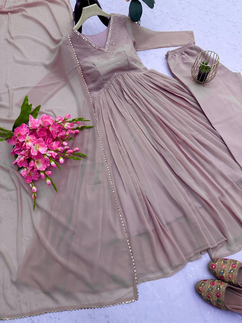 Dusty Pink Ethereal Sequin Embroidered Georgette Anarkali Gown Suit