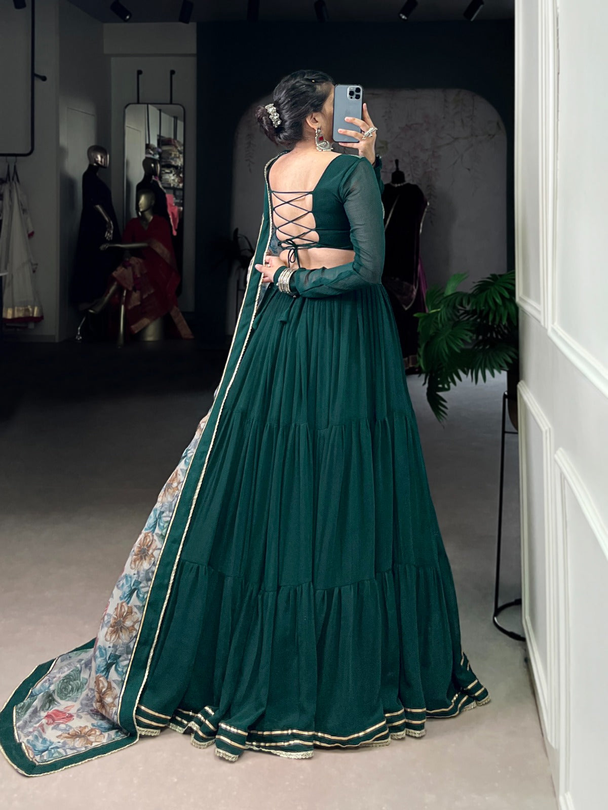 Dark Green Printed Marble Fabric Navratri Garba Chaniya Choli with 12-Meter Flair