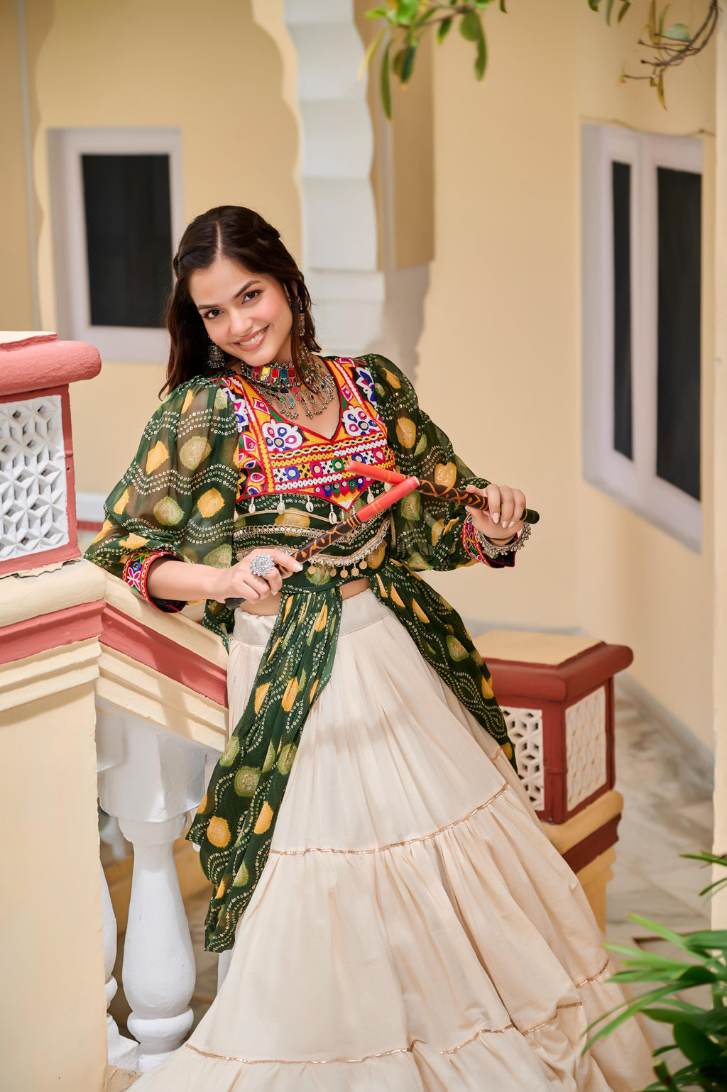 Green Authentic Gamthi Work Garba Navratri Chaniya Choli with Shrug