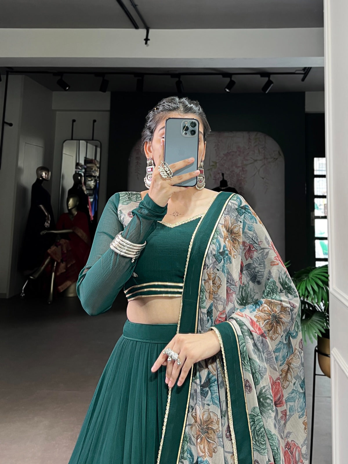 Dark Green Printed Marble Fabric Navratri Garba Chaniya Choli with 12-Meter Flair