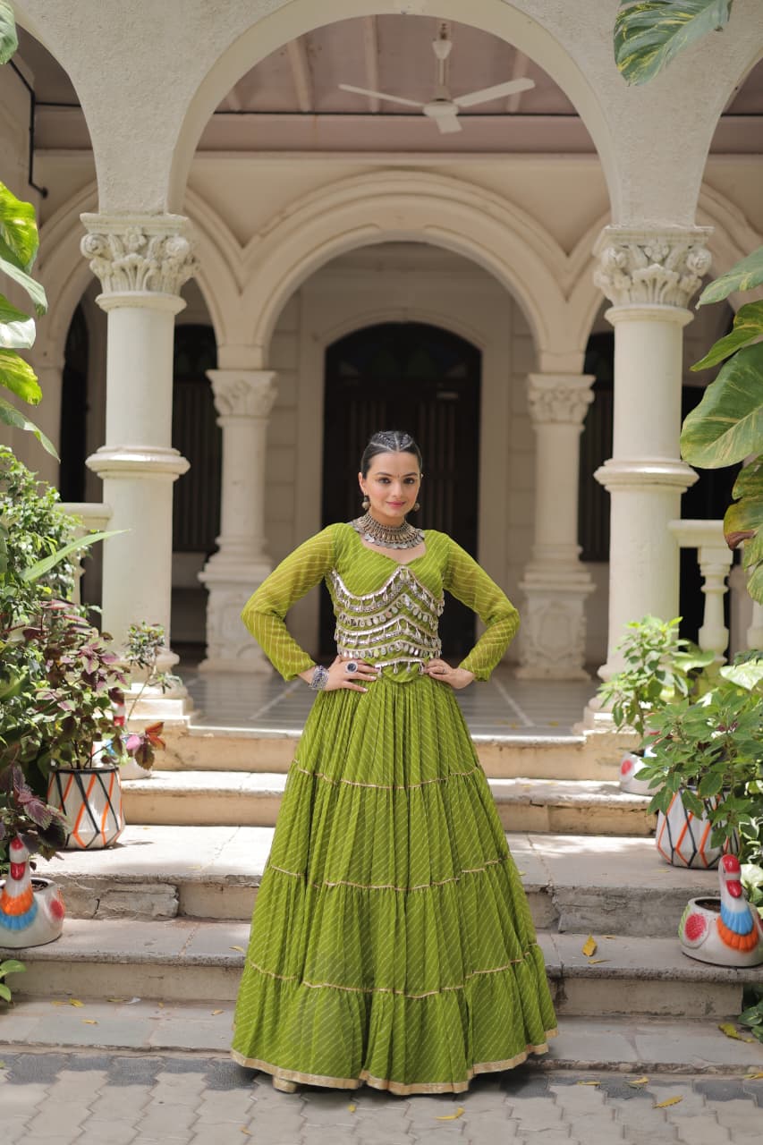 Green Leheriya Print Garba Navratri Chaniya Choli with 12-Meter Flair