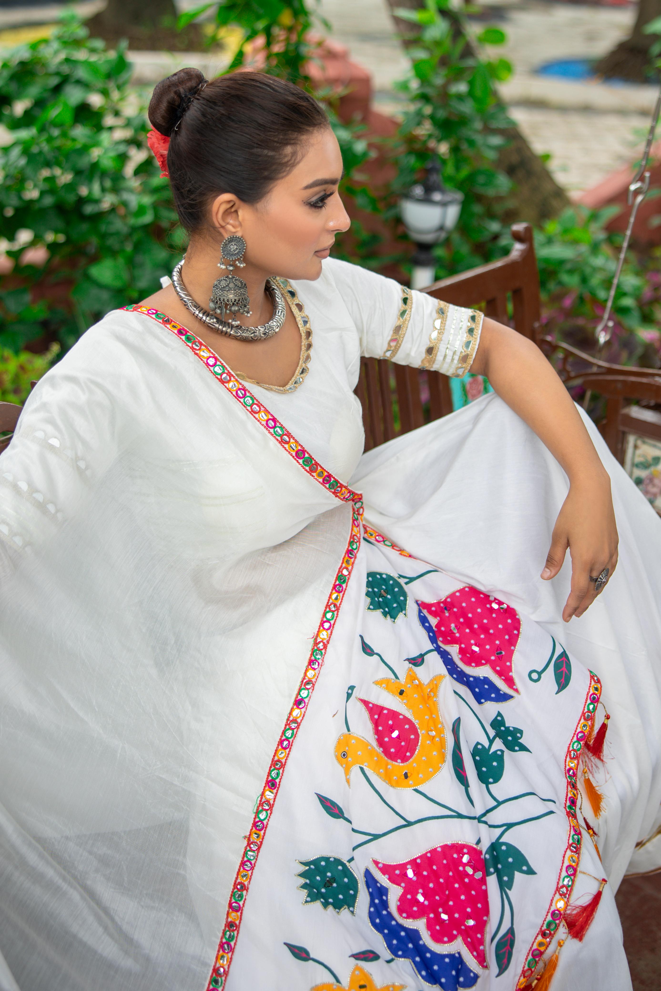 Ivory Dream: Pure Cotton White Garba Chaniya Choli with Mirror Work