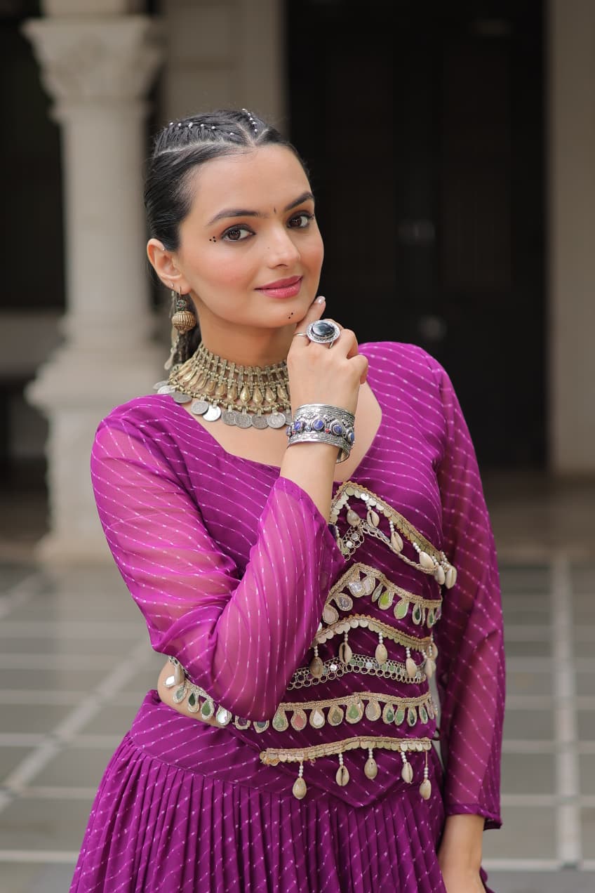 Wine Leheriya Print Garba Navratri Chaniya Choli with 12-Meter Flair