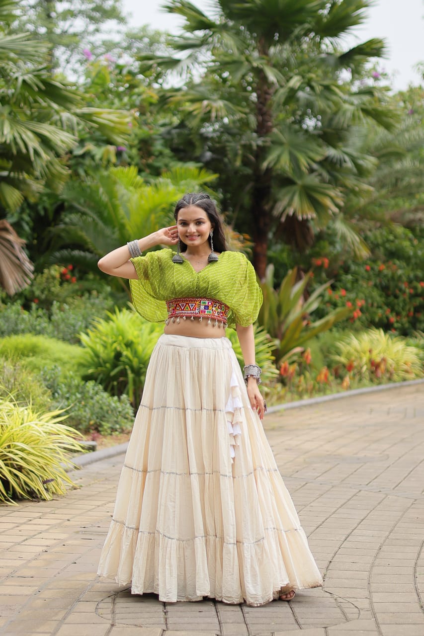 Green Navratri Twirl: Kora Cotton Garba Lehenga with 12-Meter Flair