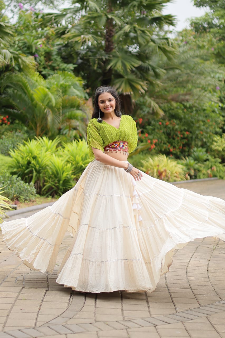 Green Navratri Twirl: Kora Cotton Garba Lehenga with 12-Meter Flair