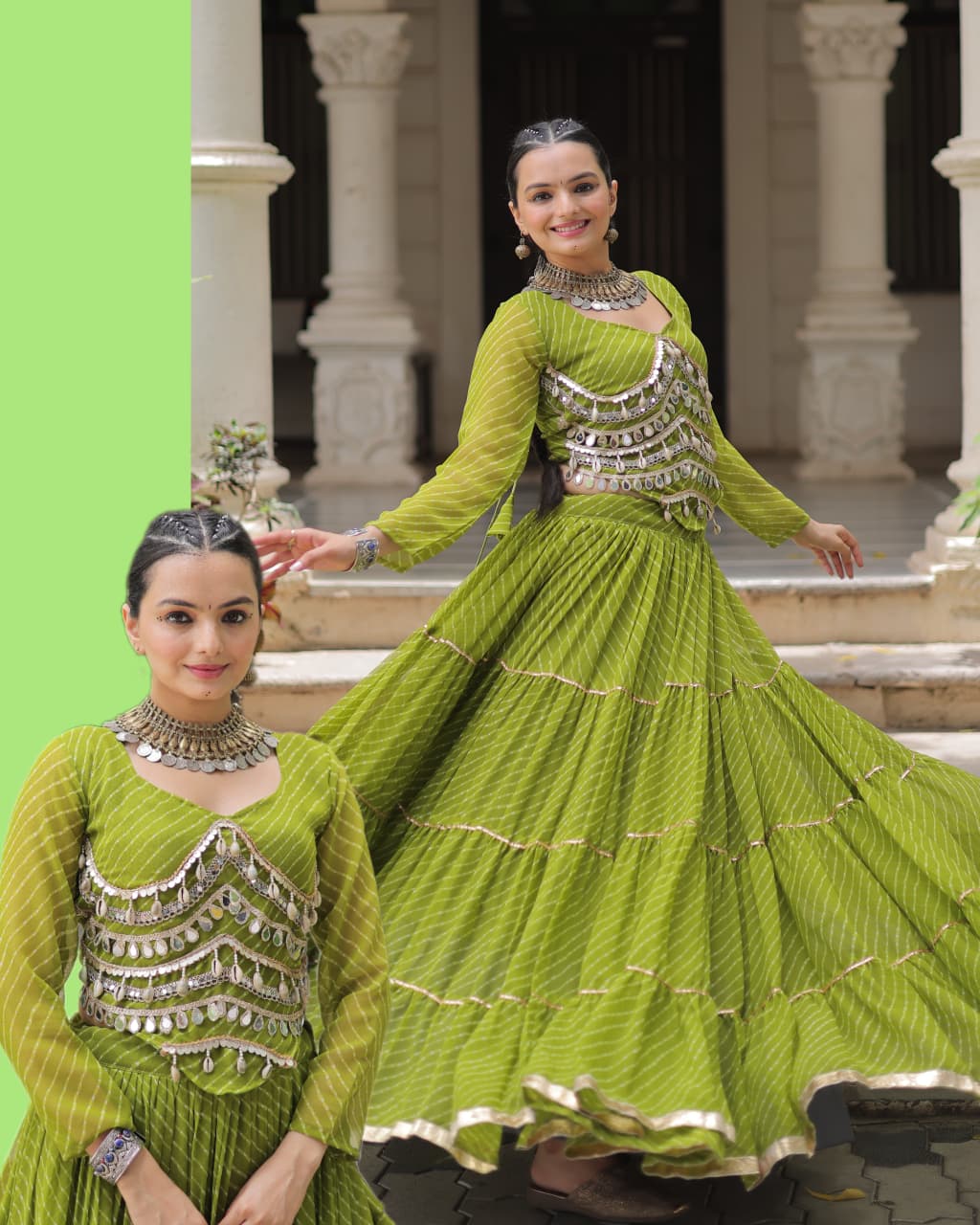 Green Leheriya Print Garba Navratri Chaniya Choli with 12-Meter Flair