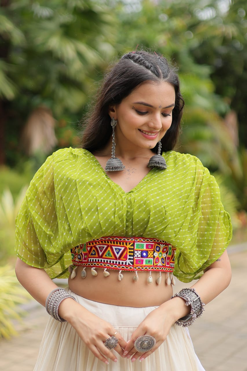 Green Navratri Twirl: Kora Cotton Garba Lehenga with 12-Meter Flair