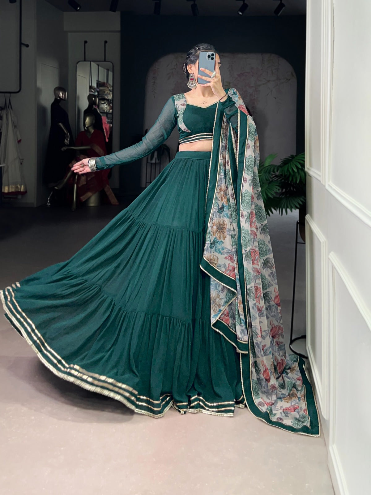 Dark Green Printed Marble Fabric Navratri Garba Chaniya Choli with 12-Meter Flair