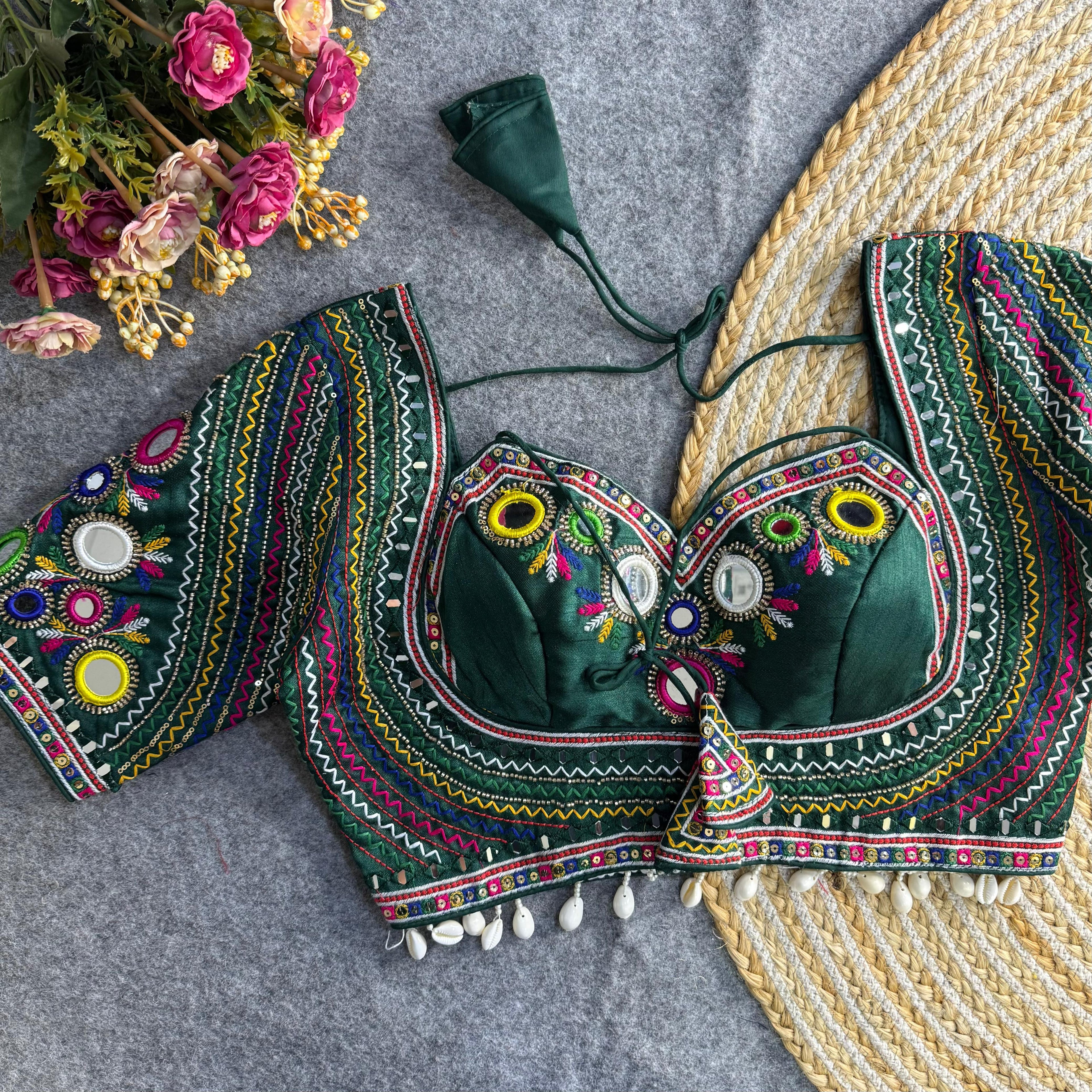 Green Masaba Muse: Handwork & Mirror Embellished Garba Choli