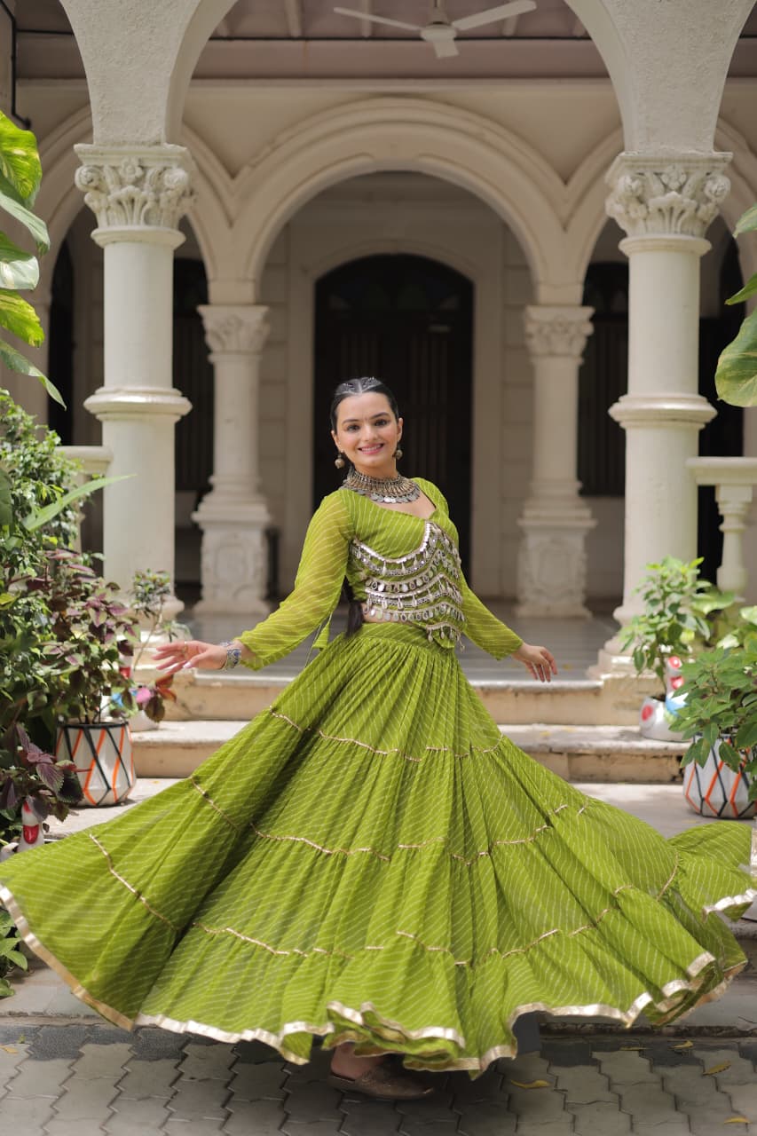 Green Leheriya Print Garba Navratri Chaniya Choli with 12-Meter Flair
