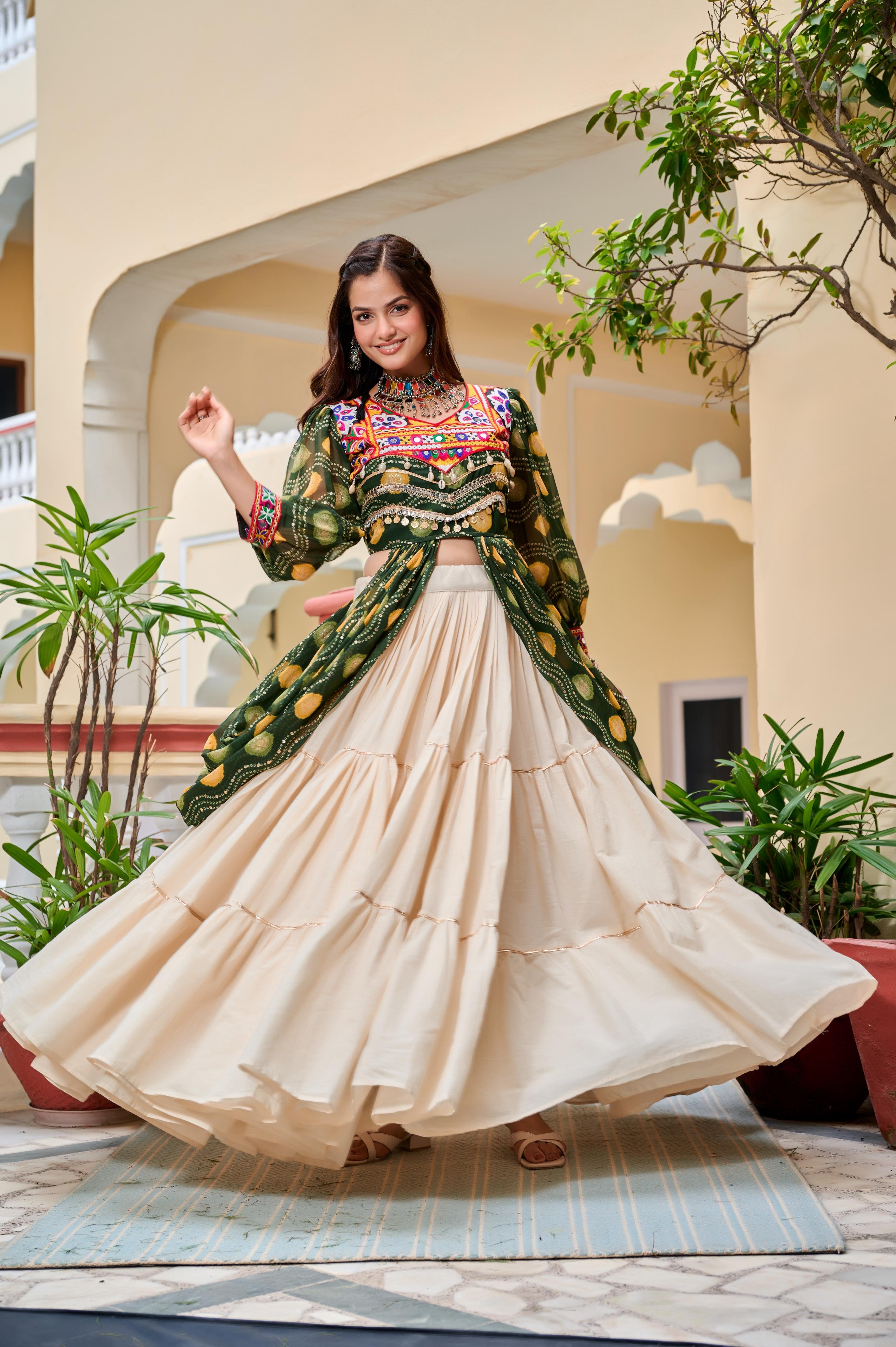 Green Authentic Gamthi Work Garba Navratri Chaniya Choli with Shrug