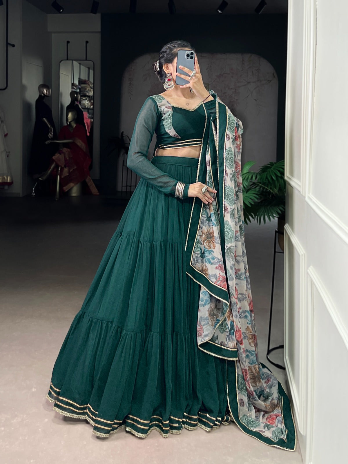 Dark Green Printed Marble Fabric Navratri Garba Chaniya Choli with 12-Meter Flair