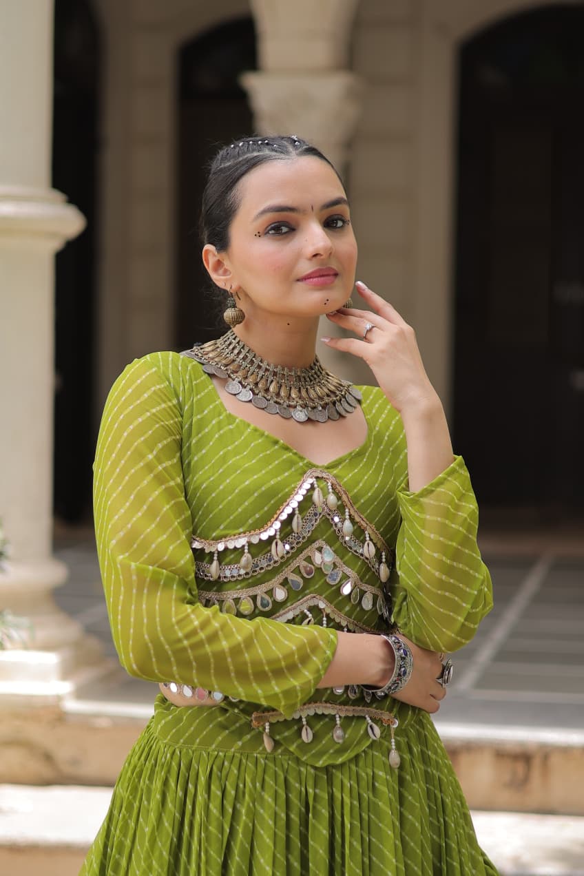 Green Leheriya Print Garba Navratri Chaniya Choli with 12-Meter Flair