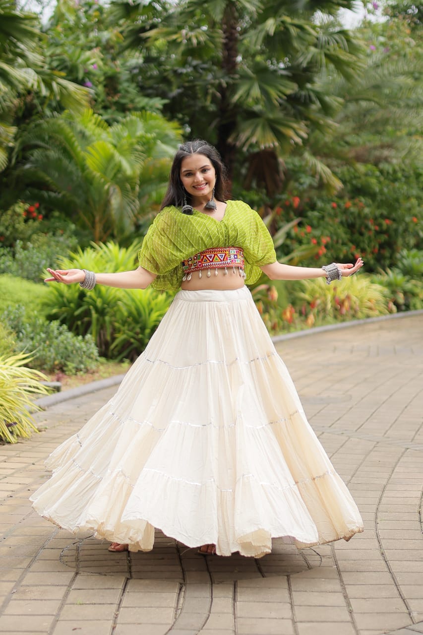 Green Navratri Twirl: Kora Cotton Garba Lehenga with 12-Meter Flair