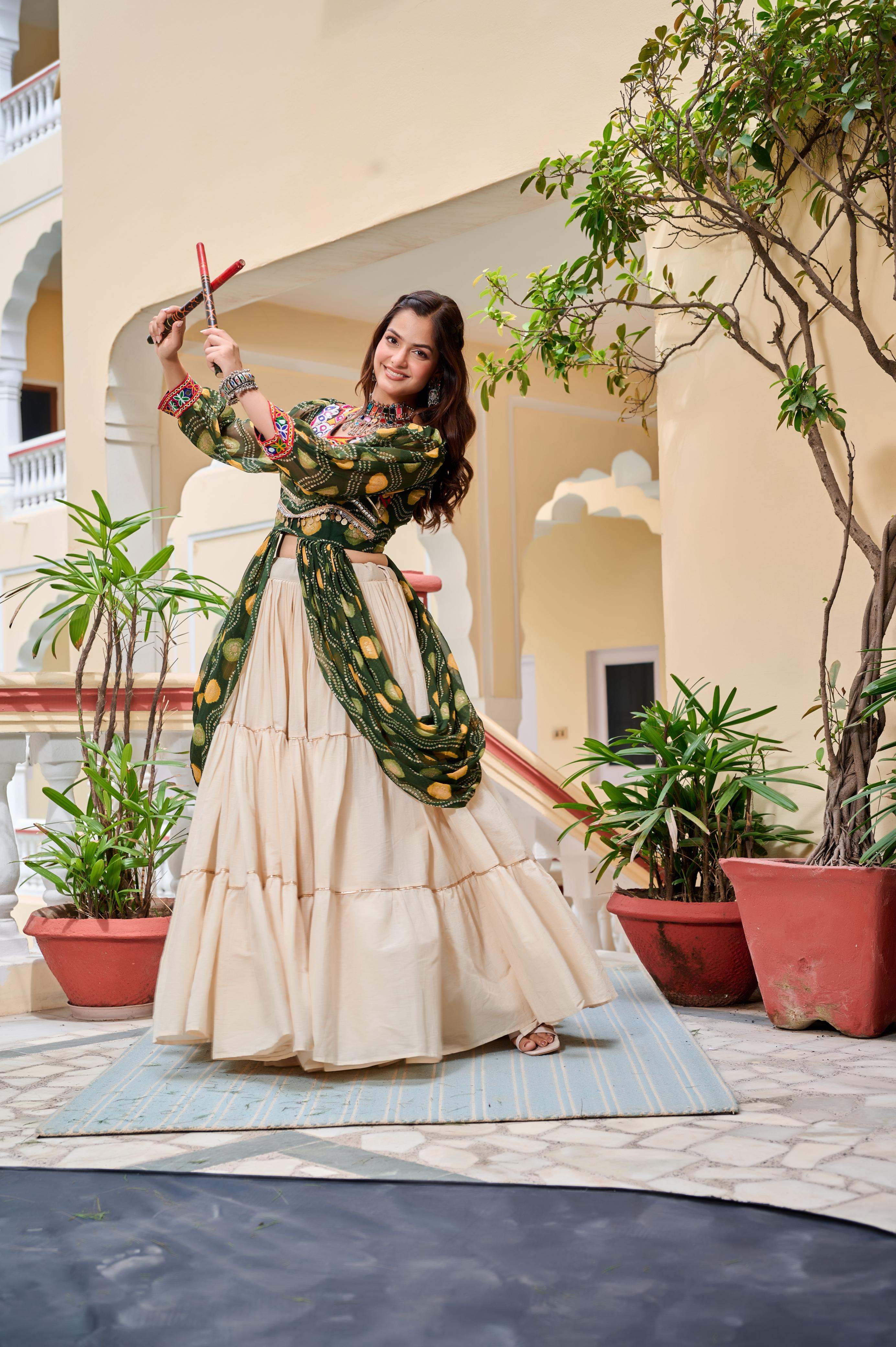 Green Authentic Gamthi Work Garba Navratri Chaniya Choli with Shrug
