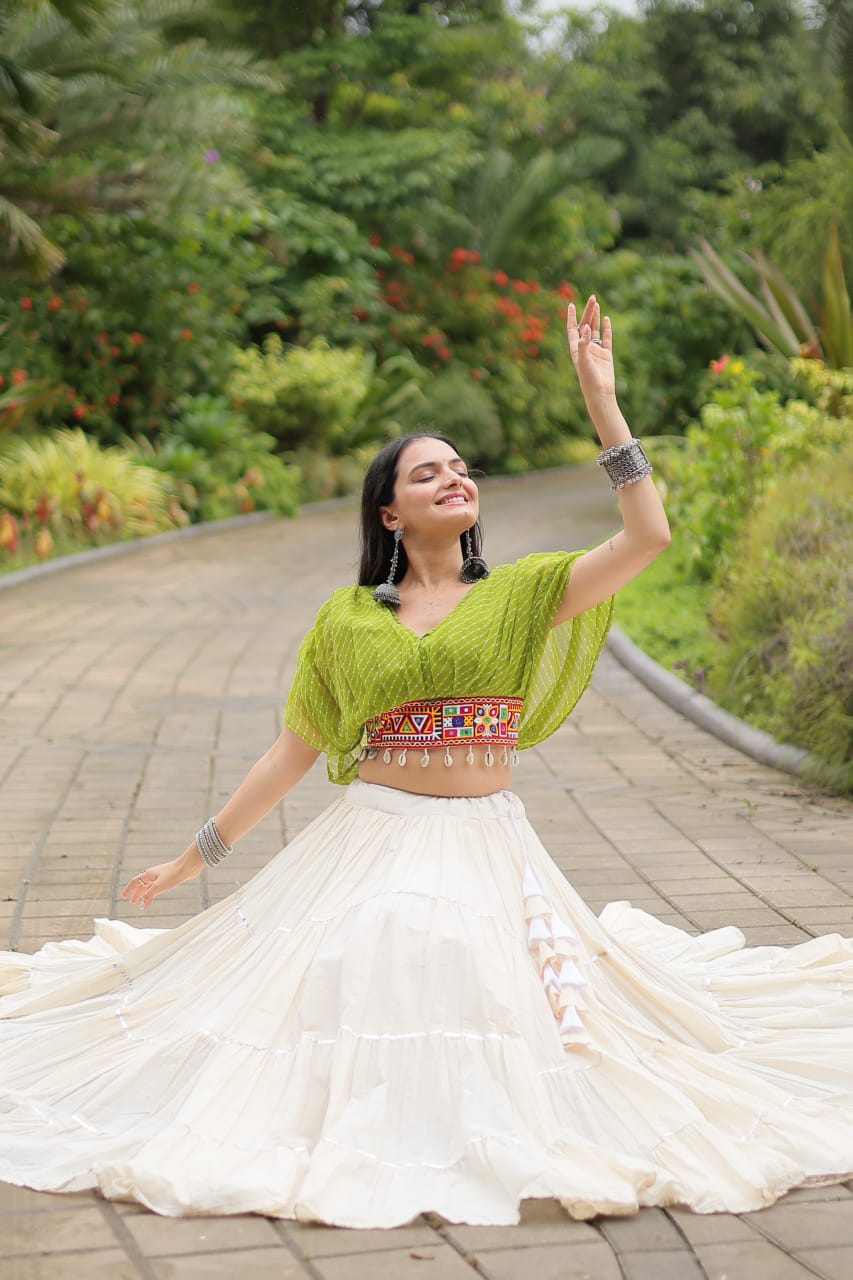 Green Navratri Twirl: Kora Cotton Garba Lehenga with 12-Meter Flair