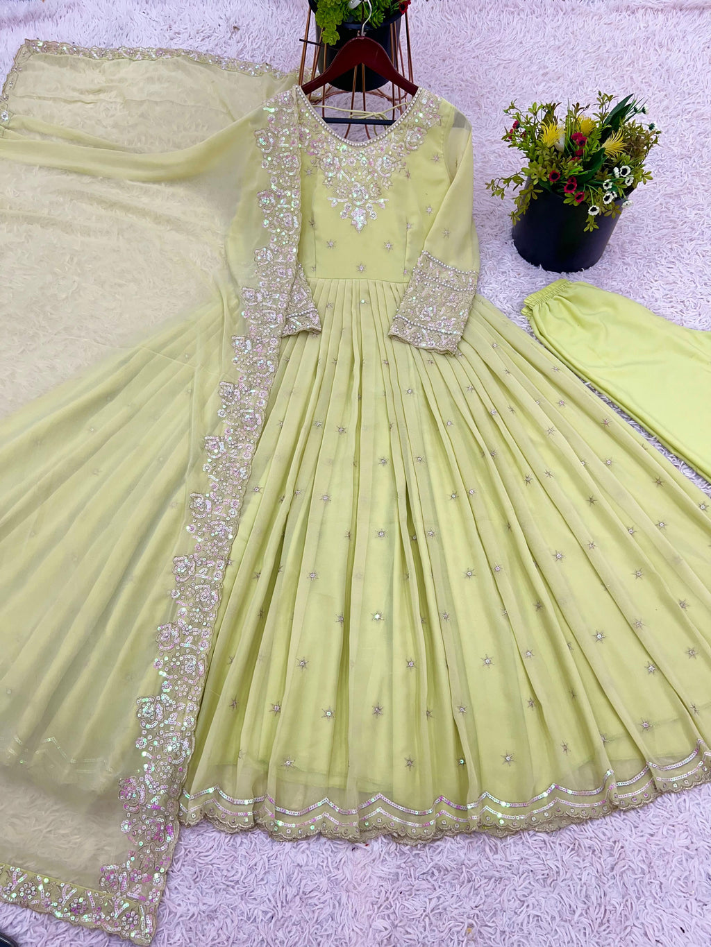 Green Embroidered Georgette Women's Party Wear Gown Set