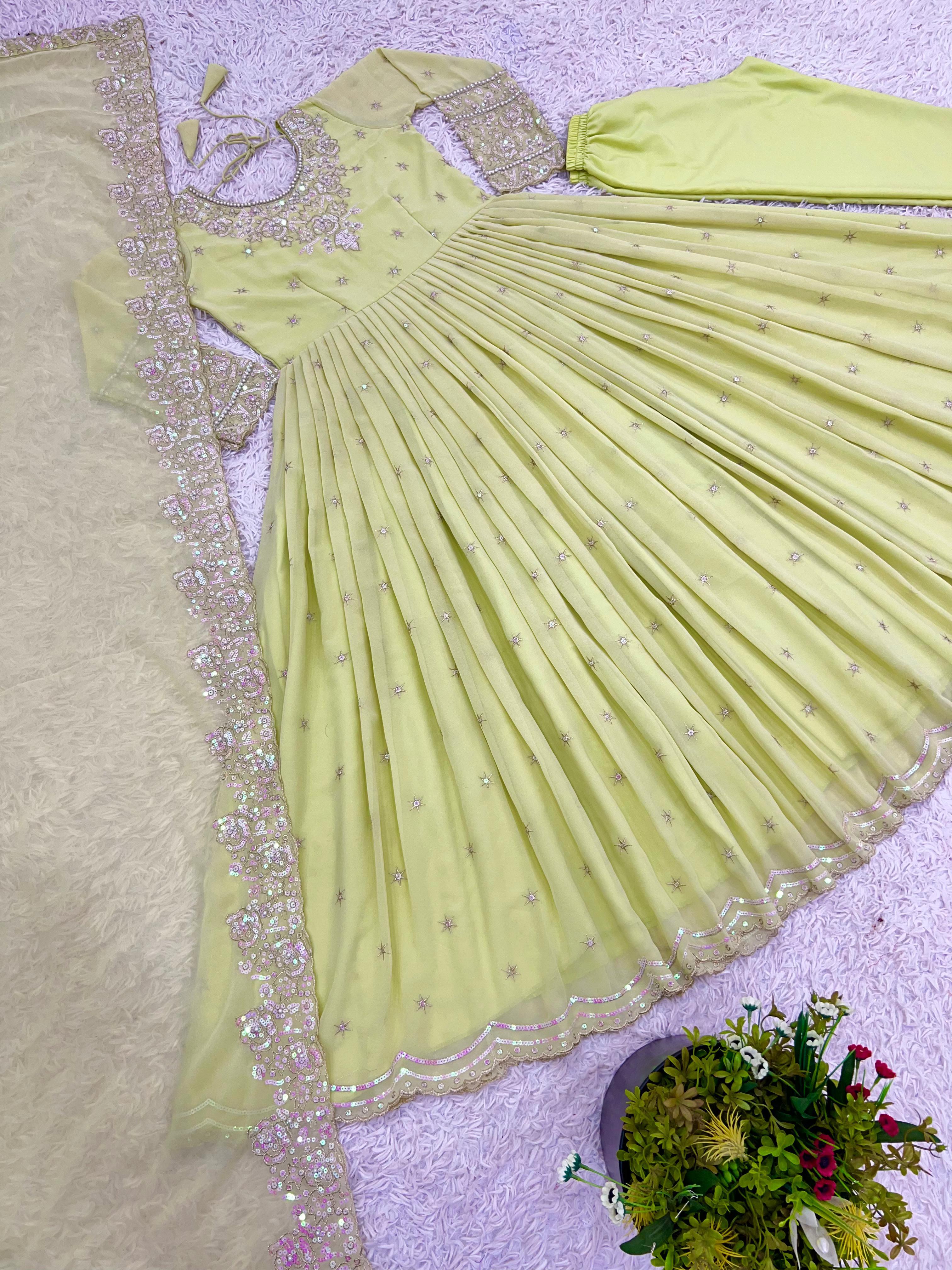 Green Embroidered Georgette Women's Party Wear Gown Set
