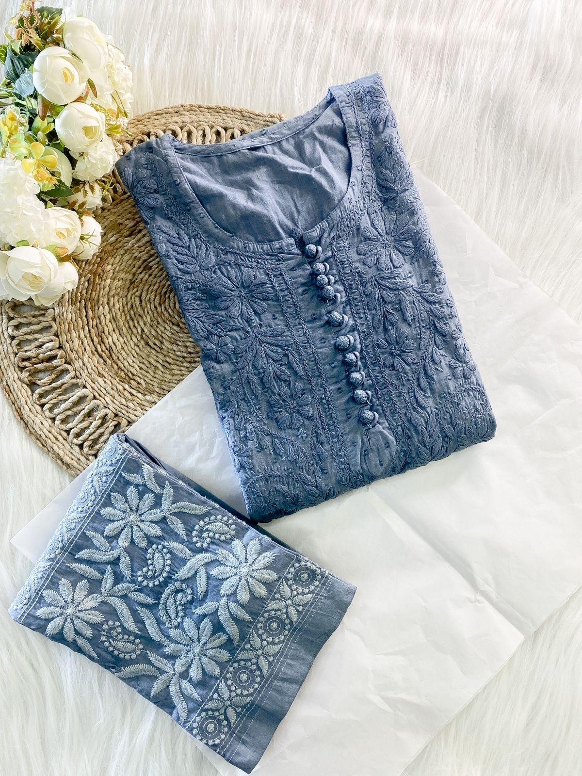 Grey Cotton Chikankari Hand Work In Paisley Pattern Kurti Pant Sets - Inayakhan Shop 