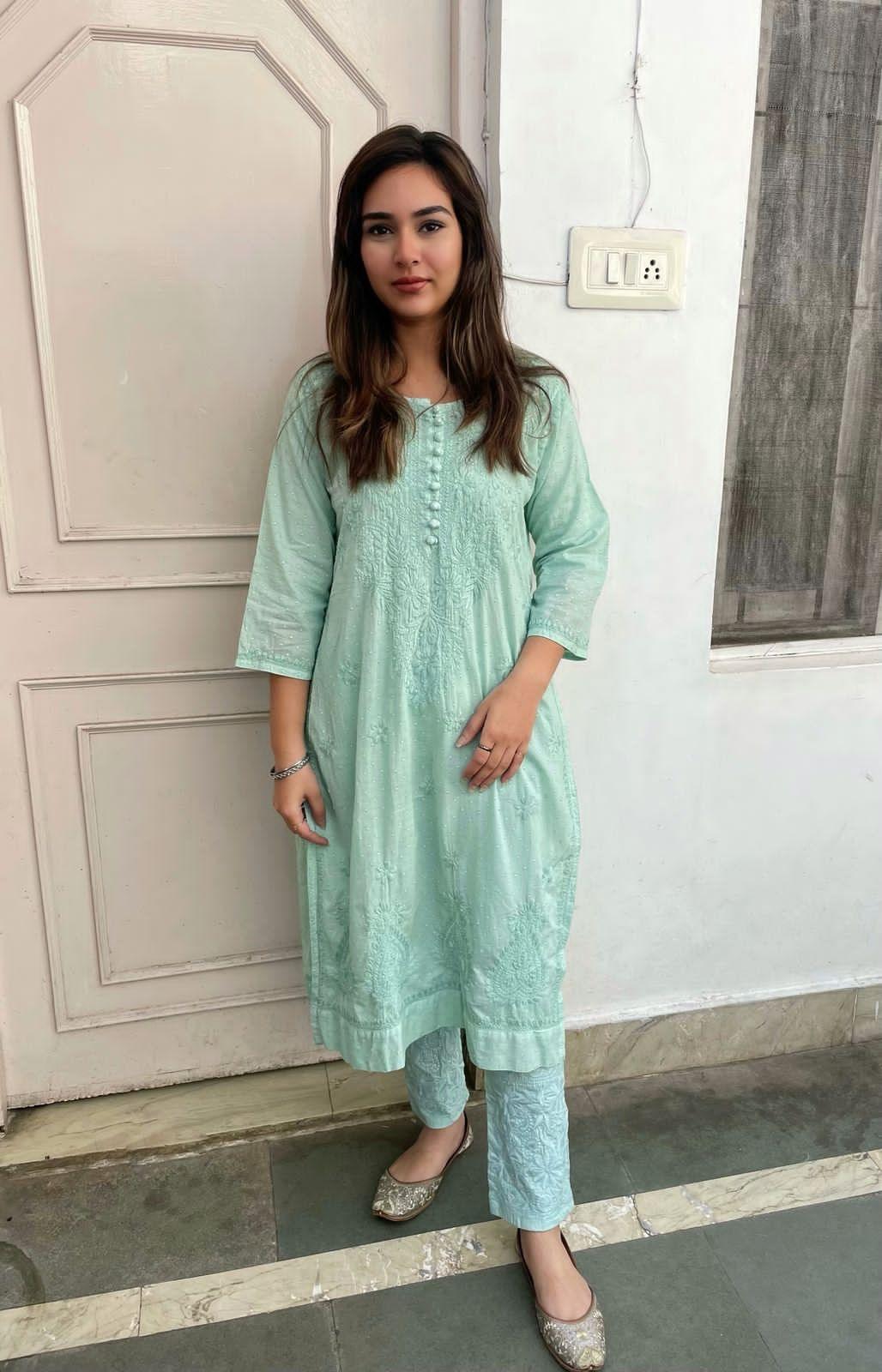 Grey Cotton Chikankari Hand Work In Paisley Pattern Kurti Pant Sets - Inayakhan Shop 