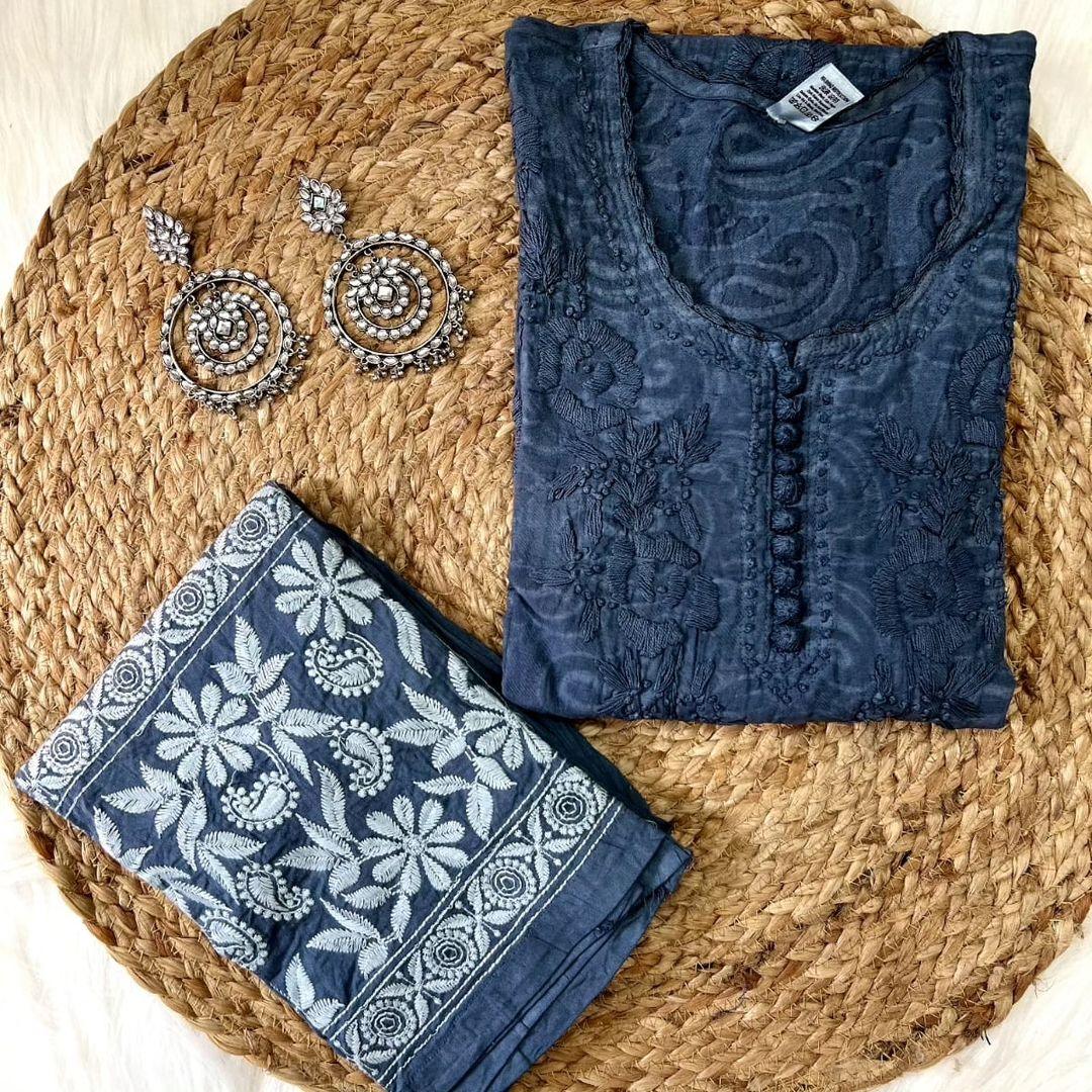Greyish Blue Cotton Chikankari Hand Work Kurti Suit Designs (New Color Shade) - Inayakhan Shop 