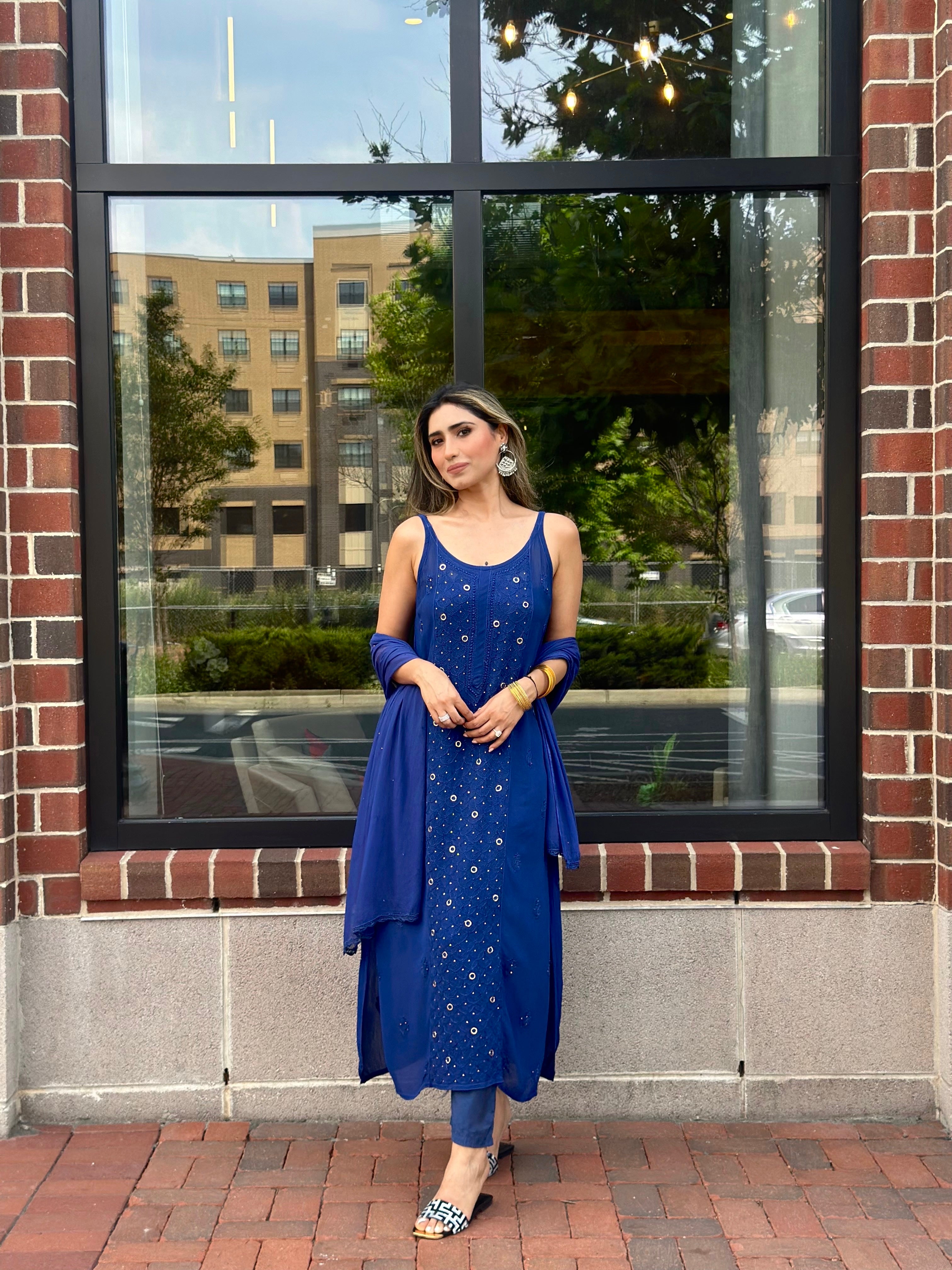 Blue Luxe Viscose Ring Work Jaal Lucknow Chikankari Kurti and Pant Set with Dupatta