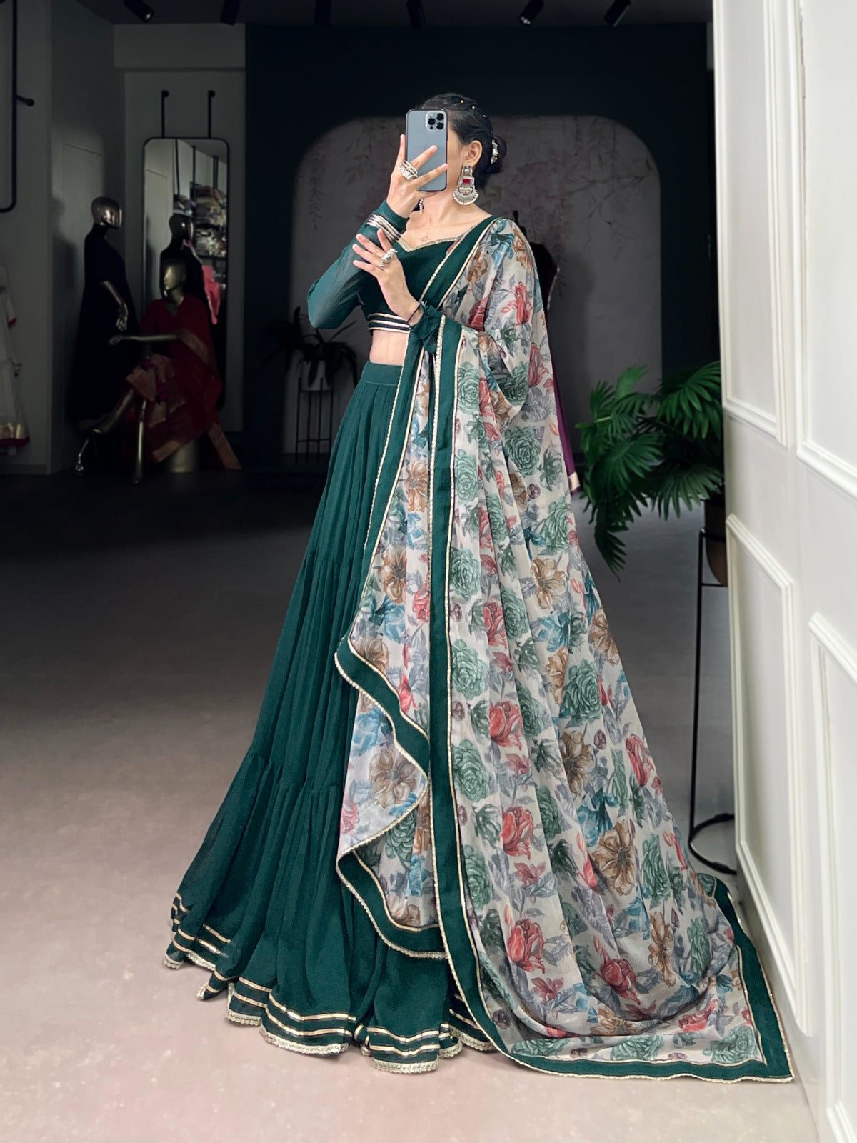 Dark Green Printed Marble Fabric Navratri Garba Chaniya Choli with 12-Meter Flair