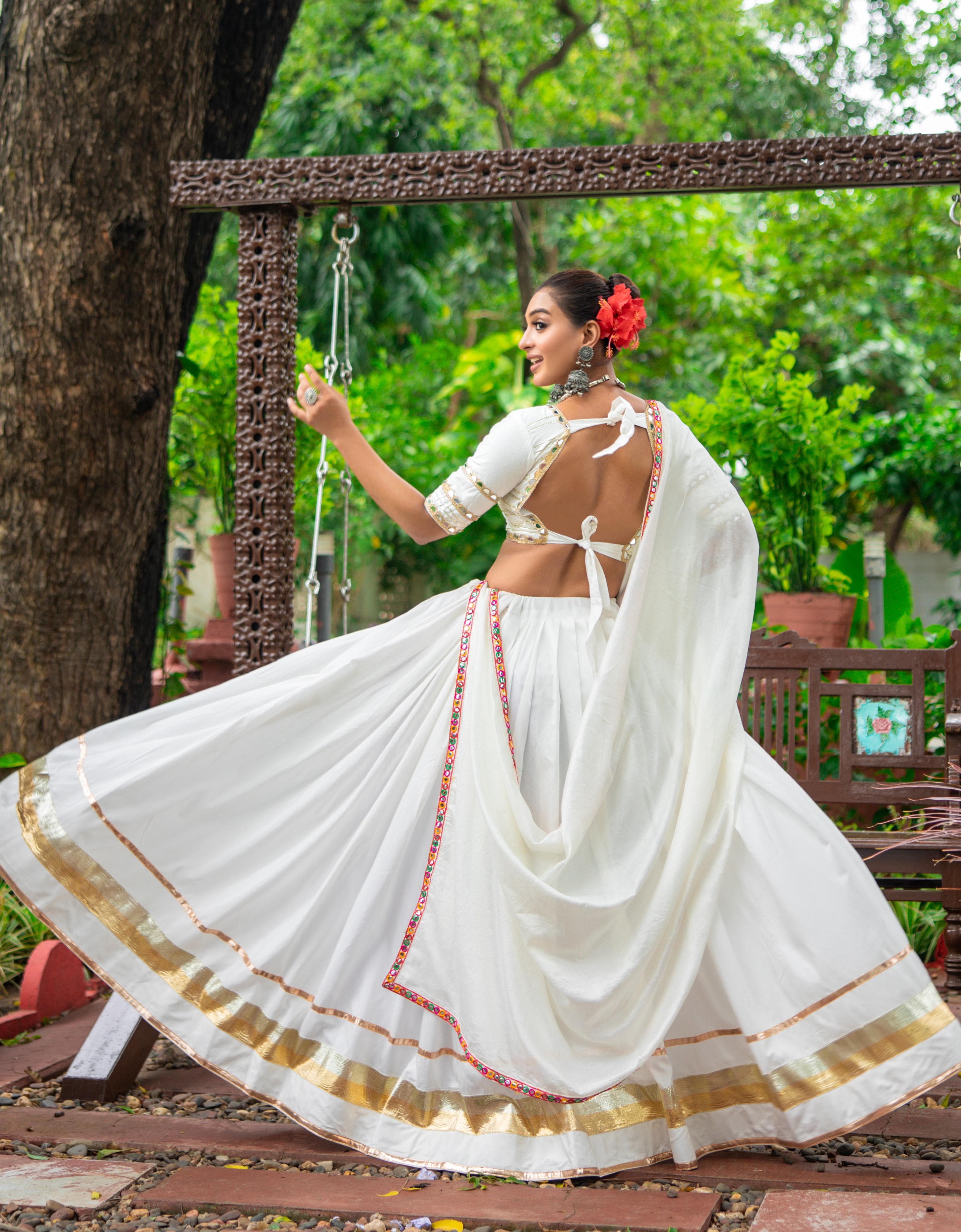 Ivory Dream: Pure Cotton White Garba Chaniya Choli with Mirror Work