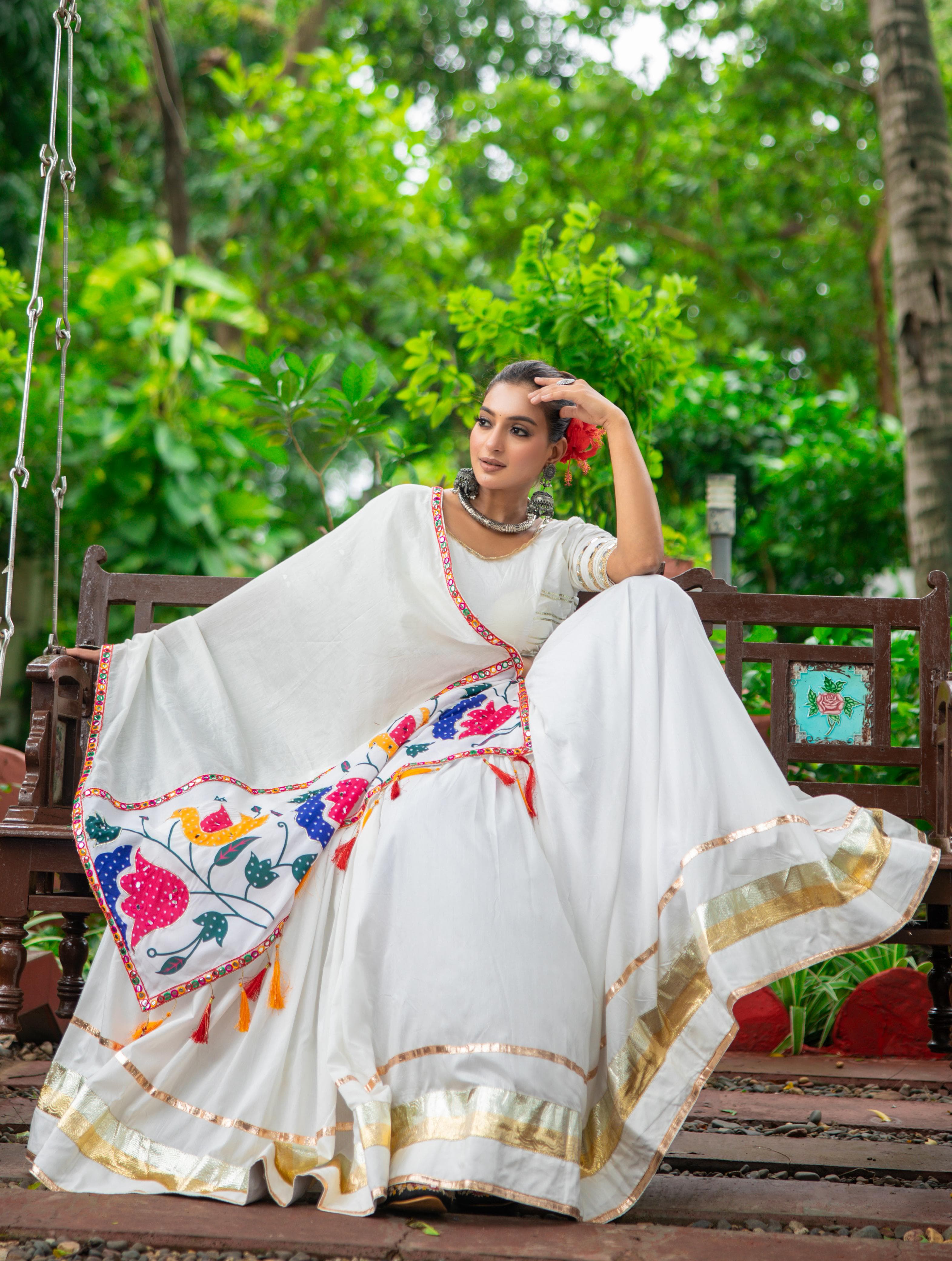 Ivory Dream: Pure Cotton White Garba Chaniya Choli with Mirror Work