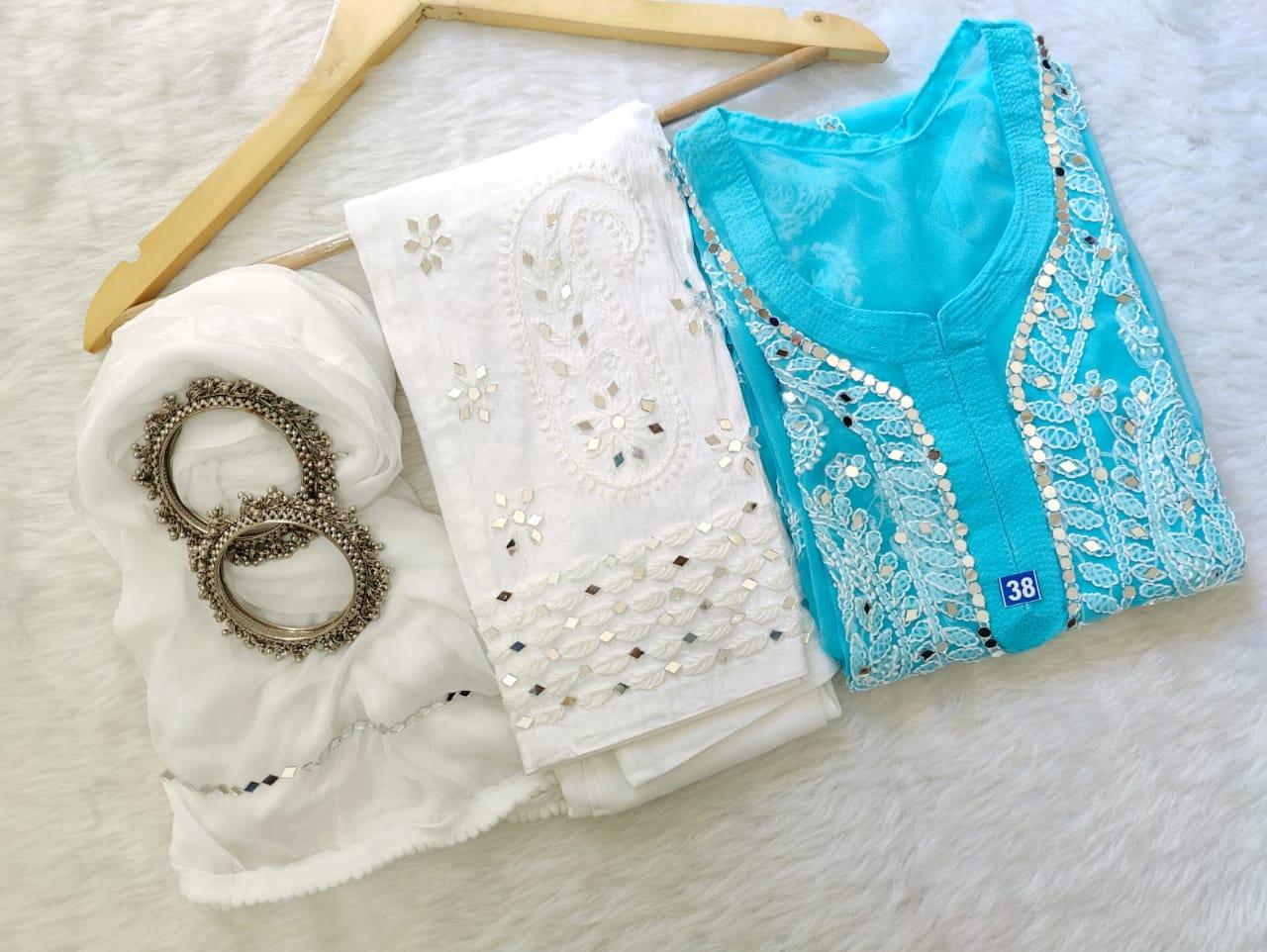 Light Blue Georgette Mirror Gala Booti Chikankari Set with Beautiful Handwork Embroidery - Inayakhan Shop 