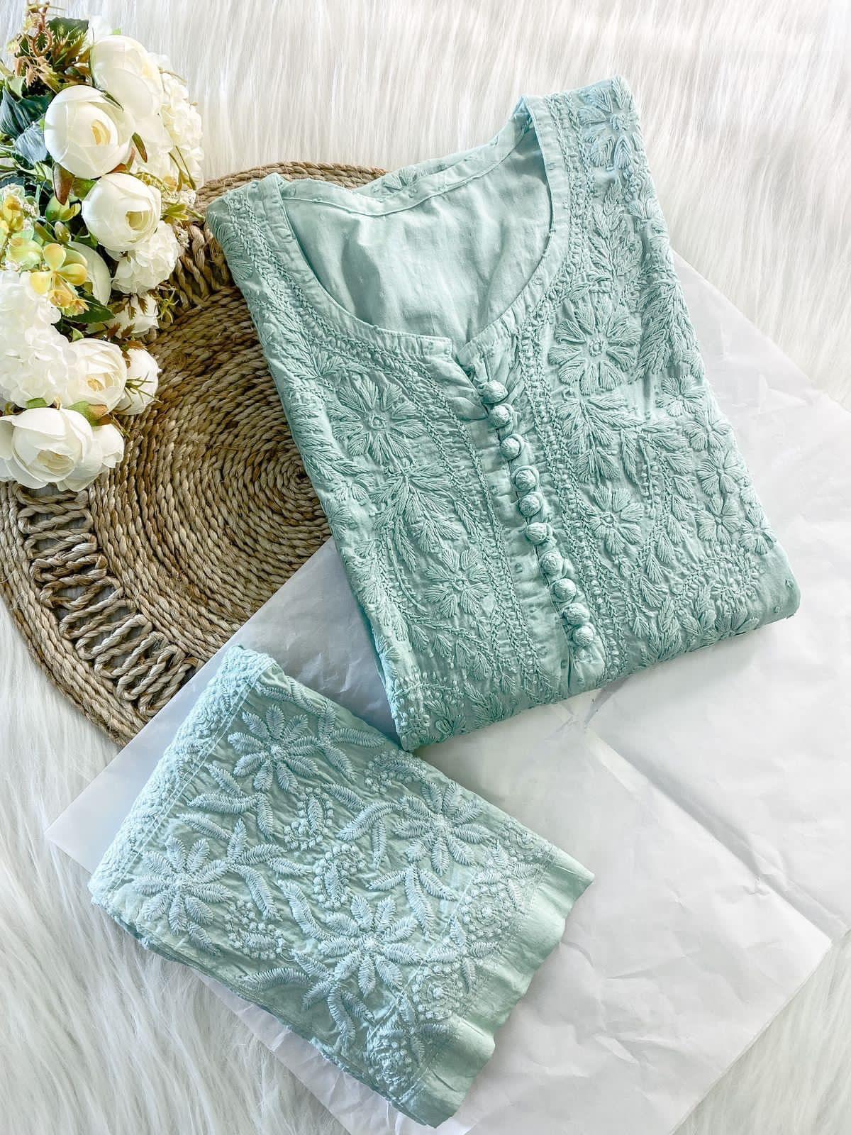 Light Dusty Green Cotton Chikankari Handwork Kurti Pant Suit Shopping - Inayakhan Shop 