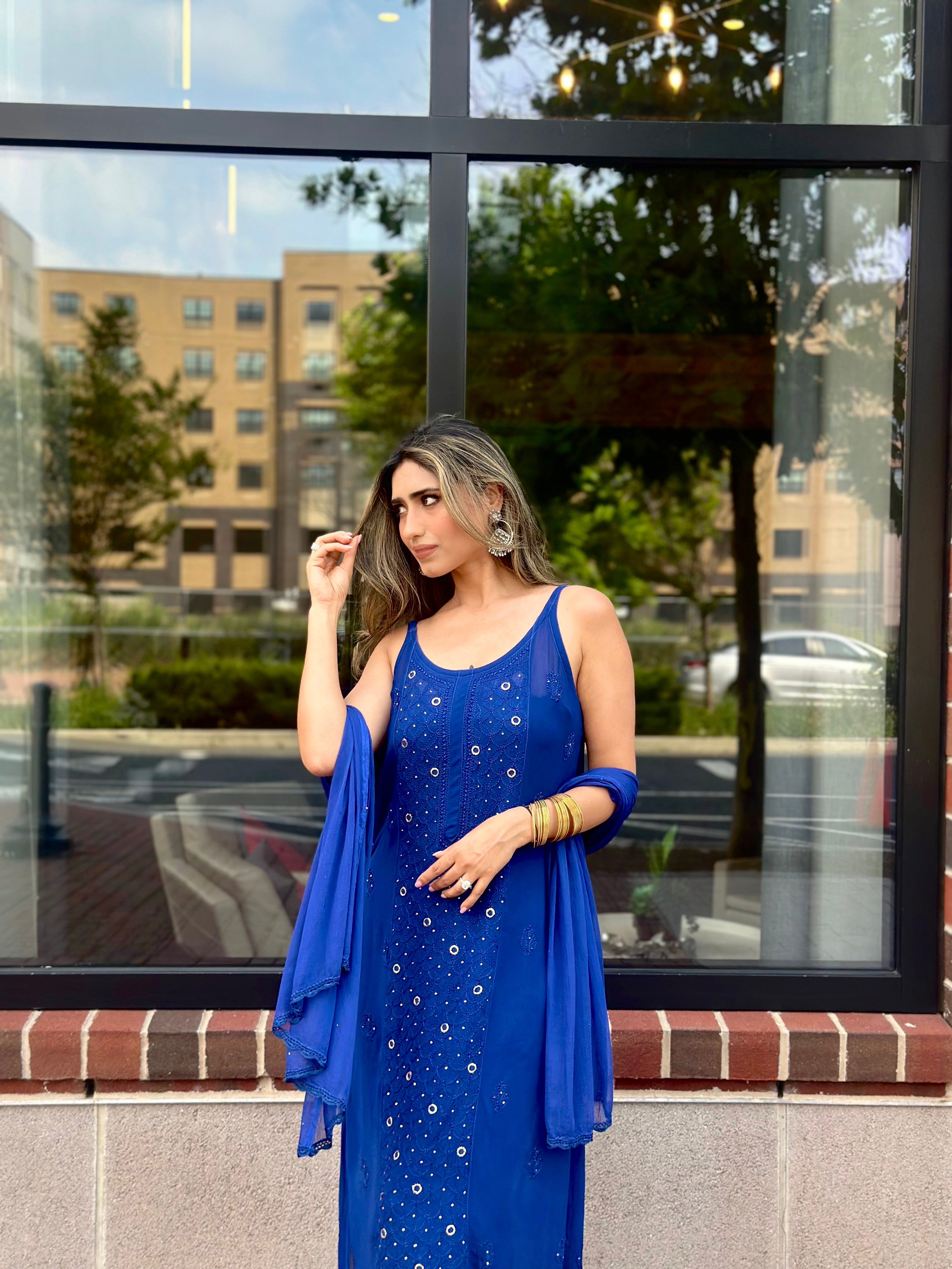 Blue Luxe Viscose Ring Work Jaal Lucknow Chikankari Kurti and Pant Set with Dupatta