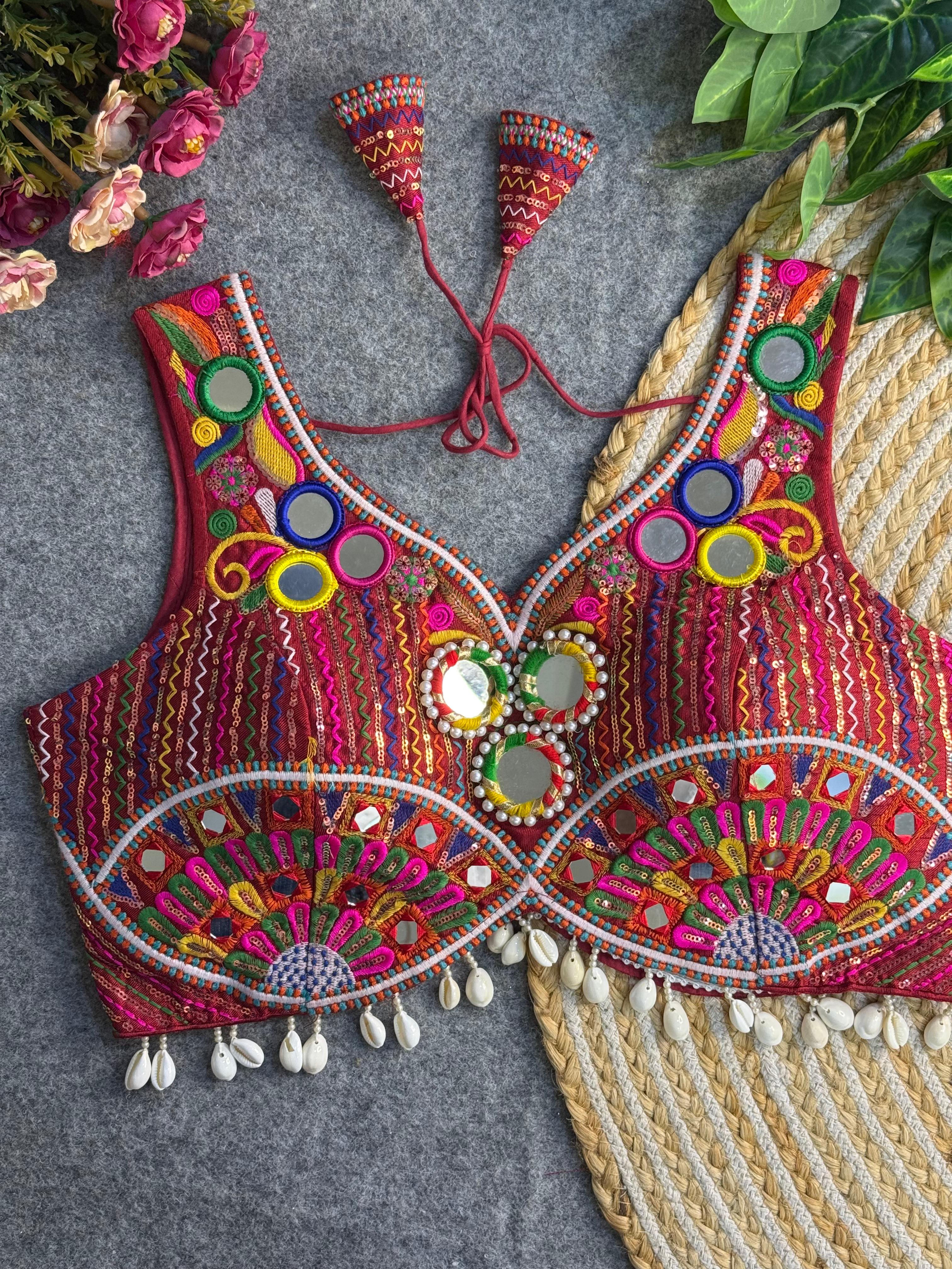 Maroon Navratri Radiance: Apple Cut Mirror Work Garba Choli
