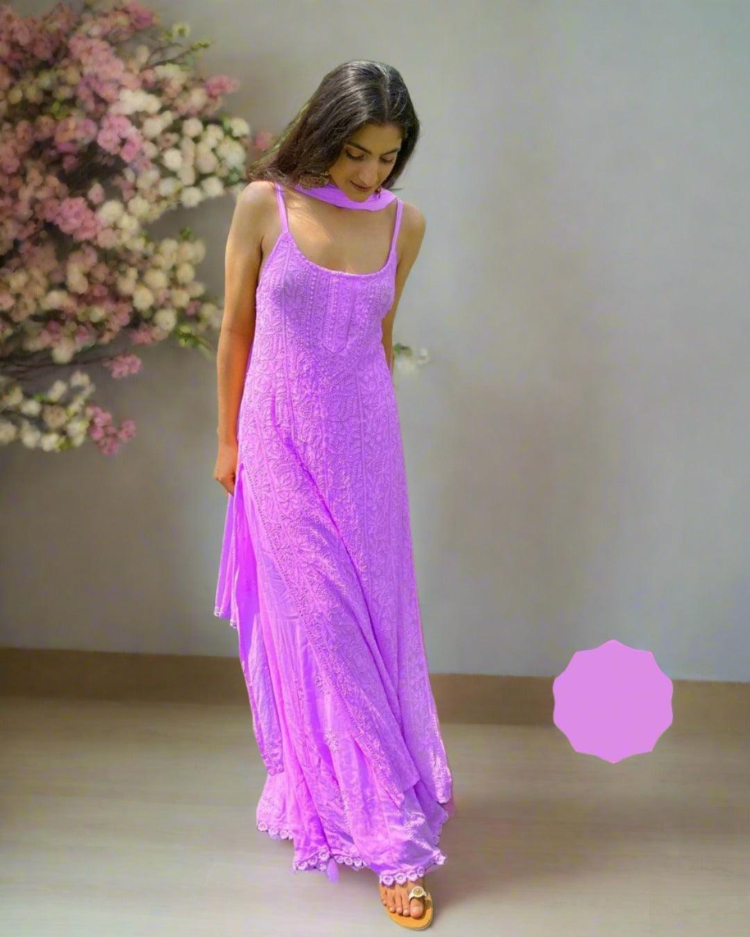 Mauve Viscose Strappy Chikankari Handwork Short Kurti , Viscose Sharara, Chiffon Dupatta - Inayakhan Shop 
