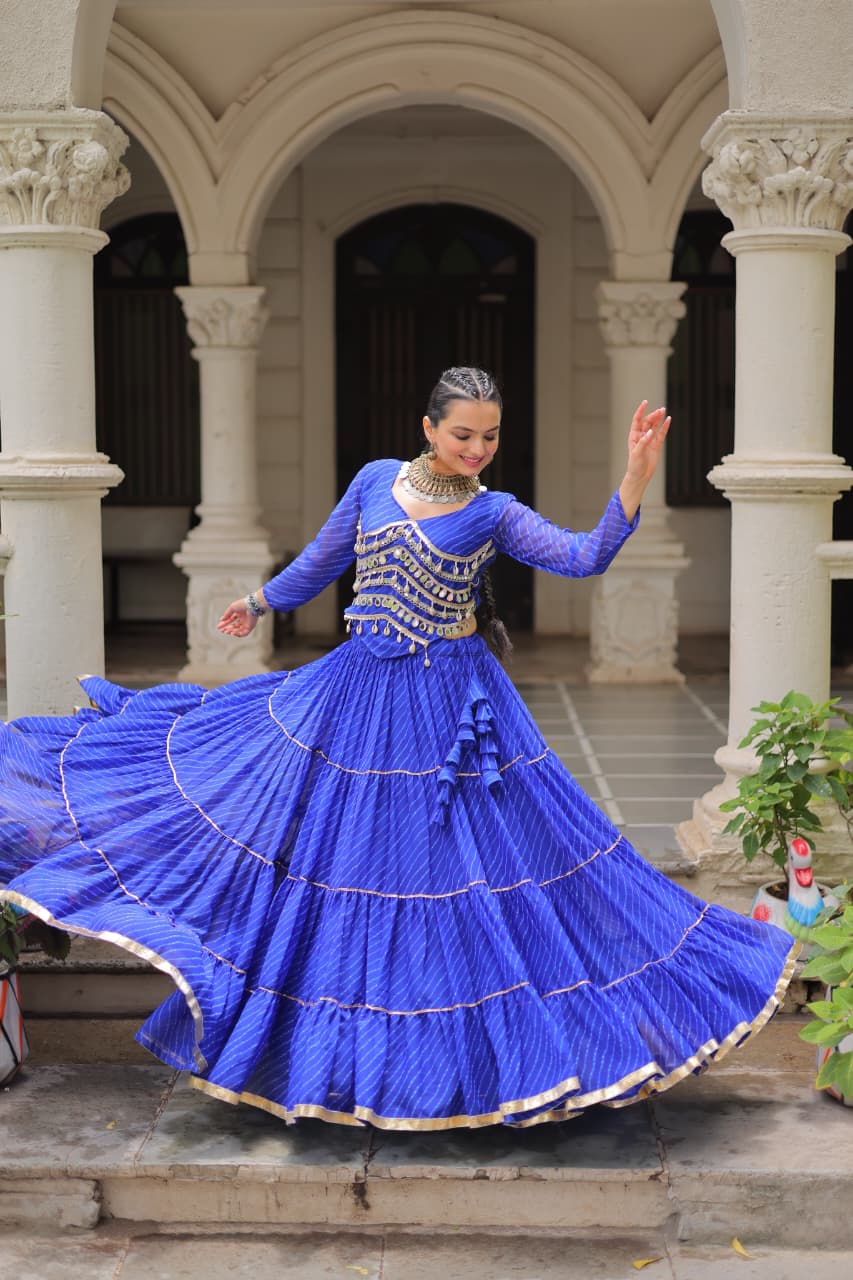Blue Leheriya Print Garba Navratri Chaniya Choli with 12-Meter Flair