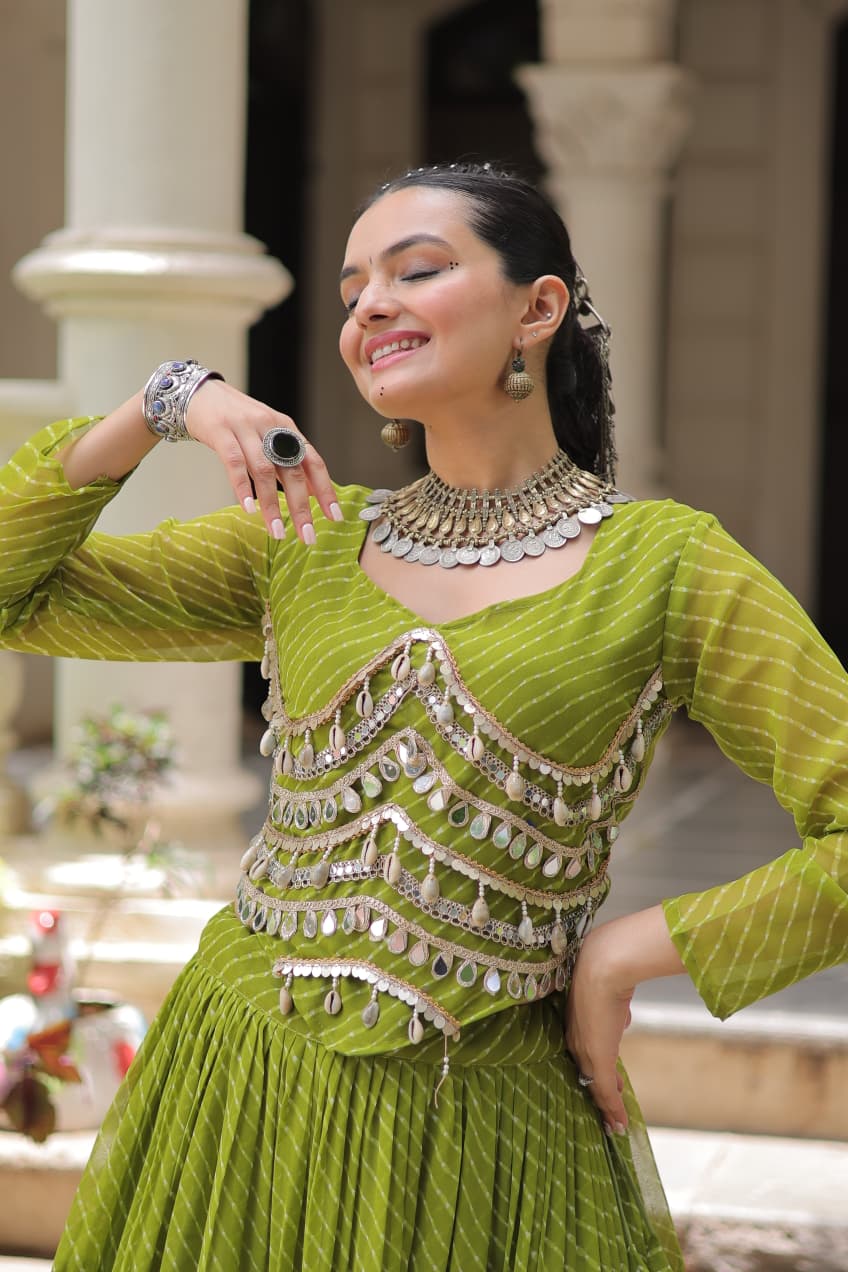 Green Leheriya Print Garba Navratri Chaniya Choli with 12-Meter Flair