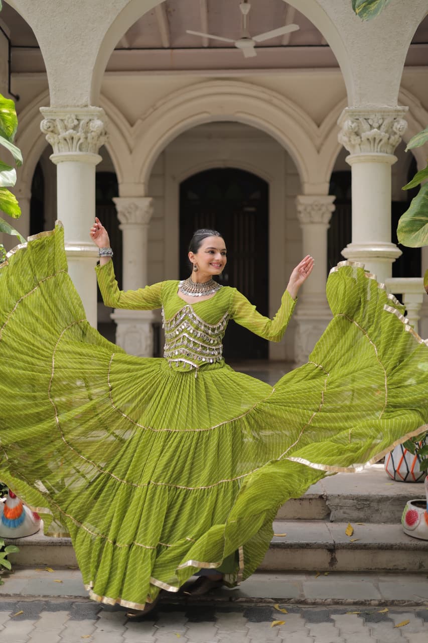 Green Leheriya Print Garba Navratri Chaniya Choli with 12-Meter Flair